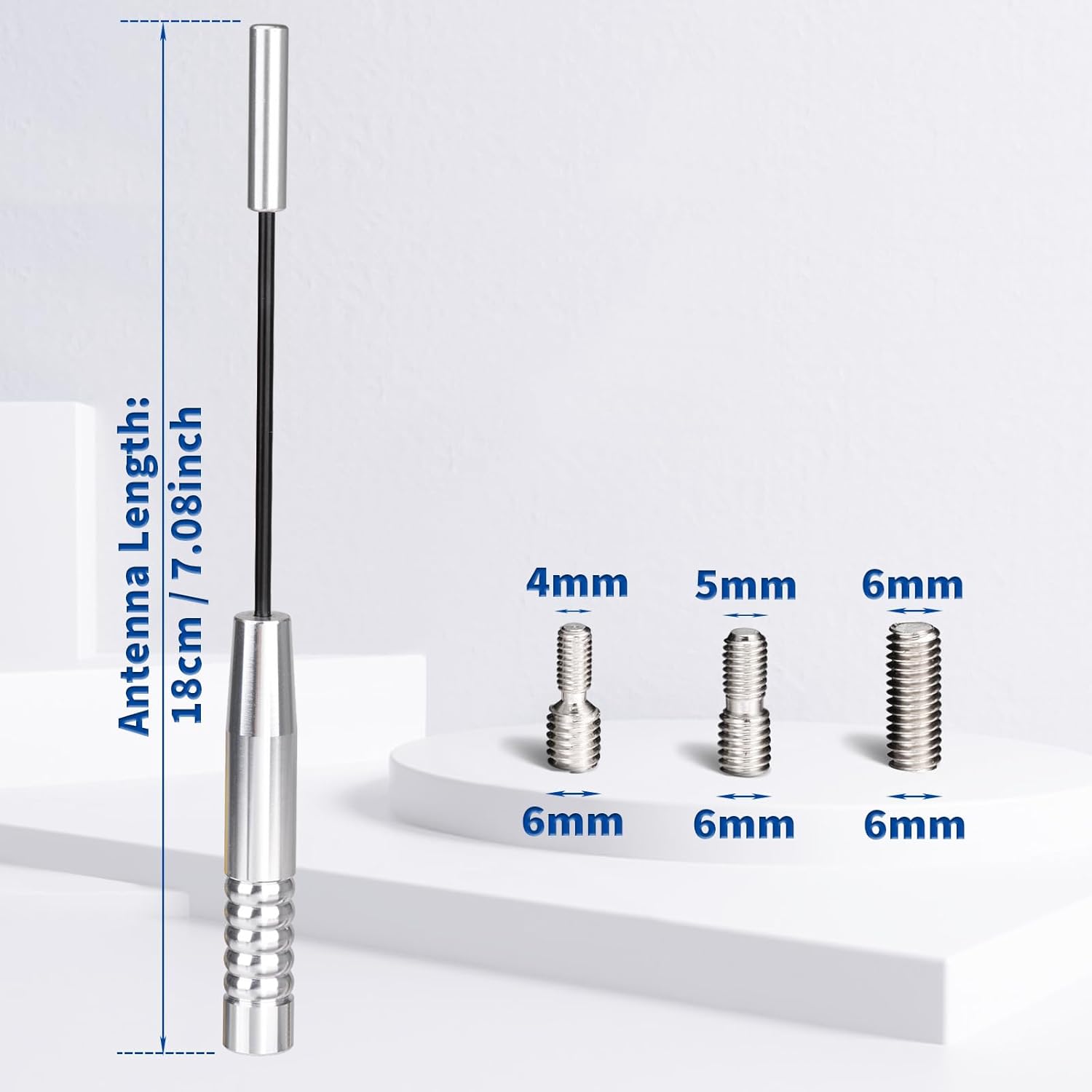 Technical specification diagram highlighting the 18cm (7-inch) mast length and the different sizes of the mounting screws