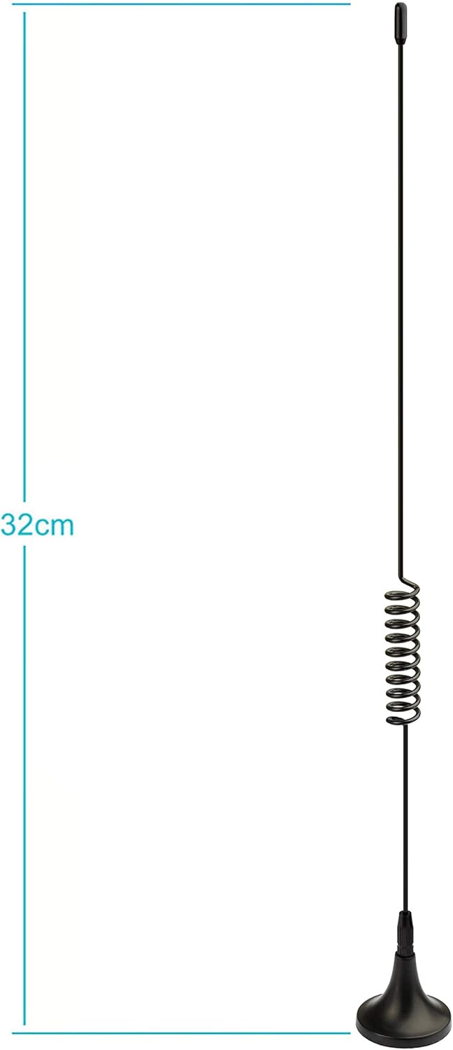 Technical specification diagram highlighting the 5m (16.4ft) cable length, antenna height, and the compact magnetic base diameter