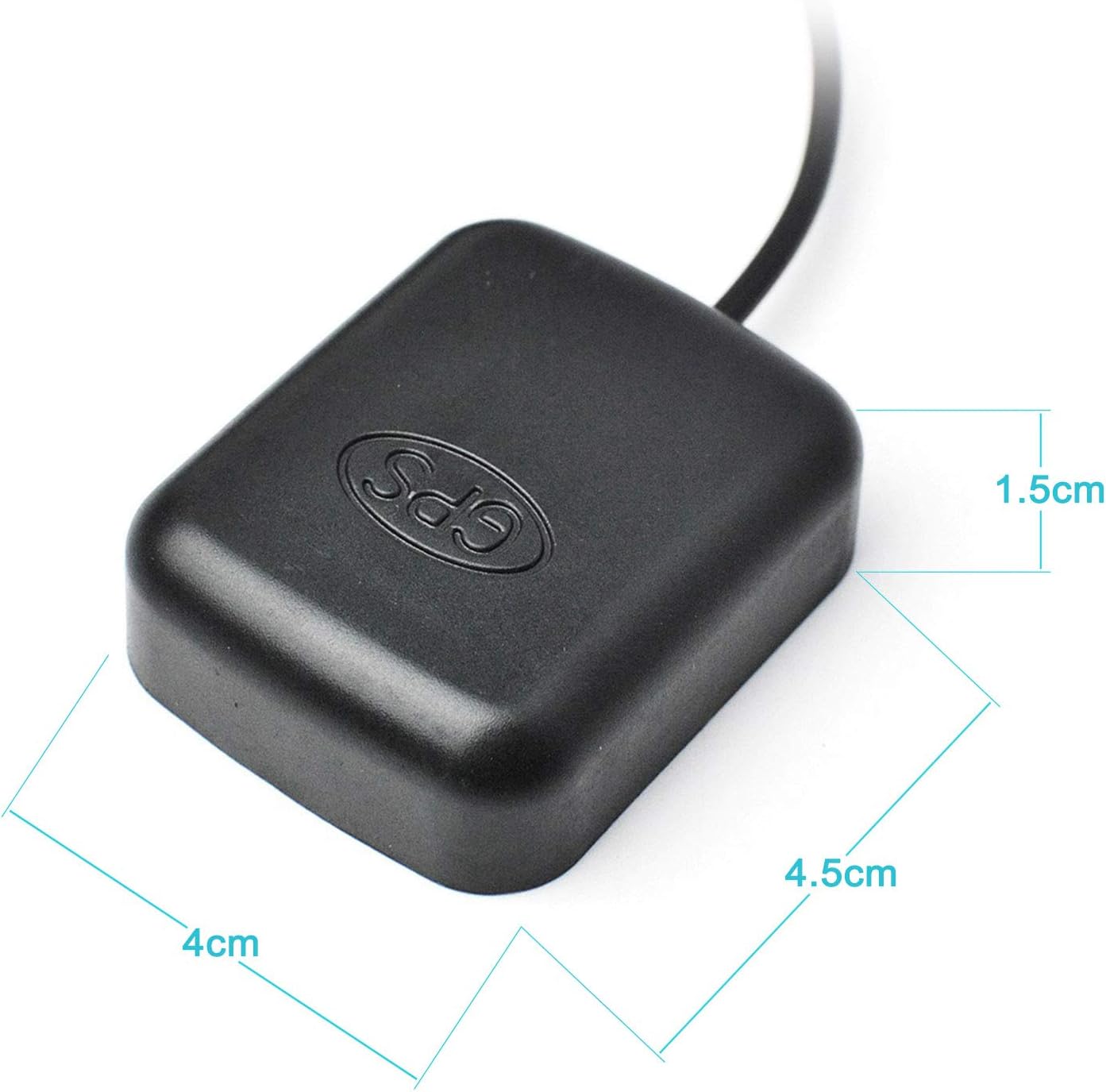 Technical specification diagram showing the 3m (10ft) cable length and the 45x38x15mm compact antenna dimensions