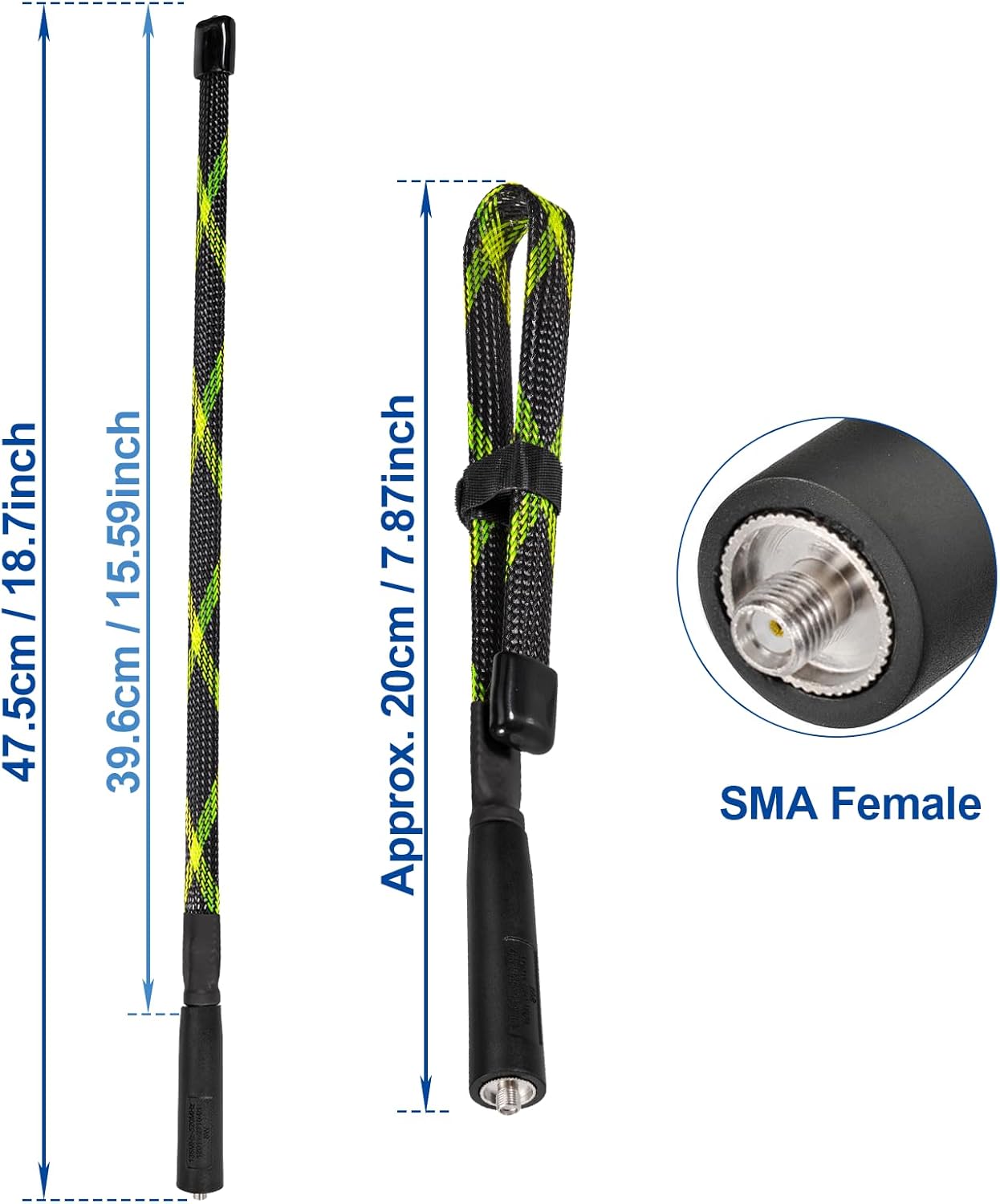 Technical specification diagram showing the 79.5cm full extension length and flexible folding capabilities