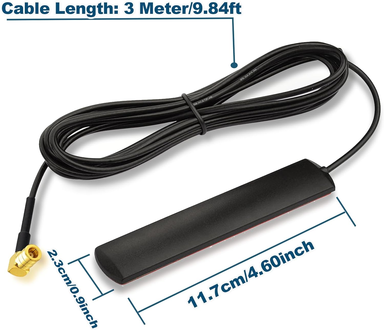 Technical specifications showing the 16-inch flexible mast, 3-meter cable, and 8cm magnetic base diameter