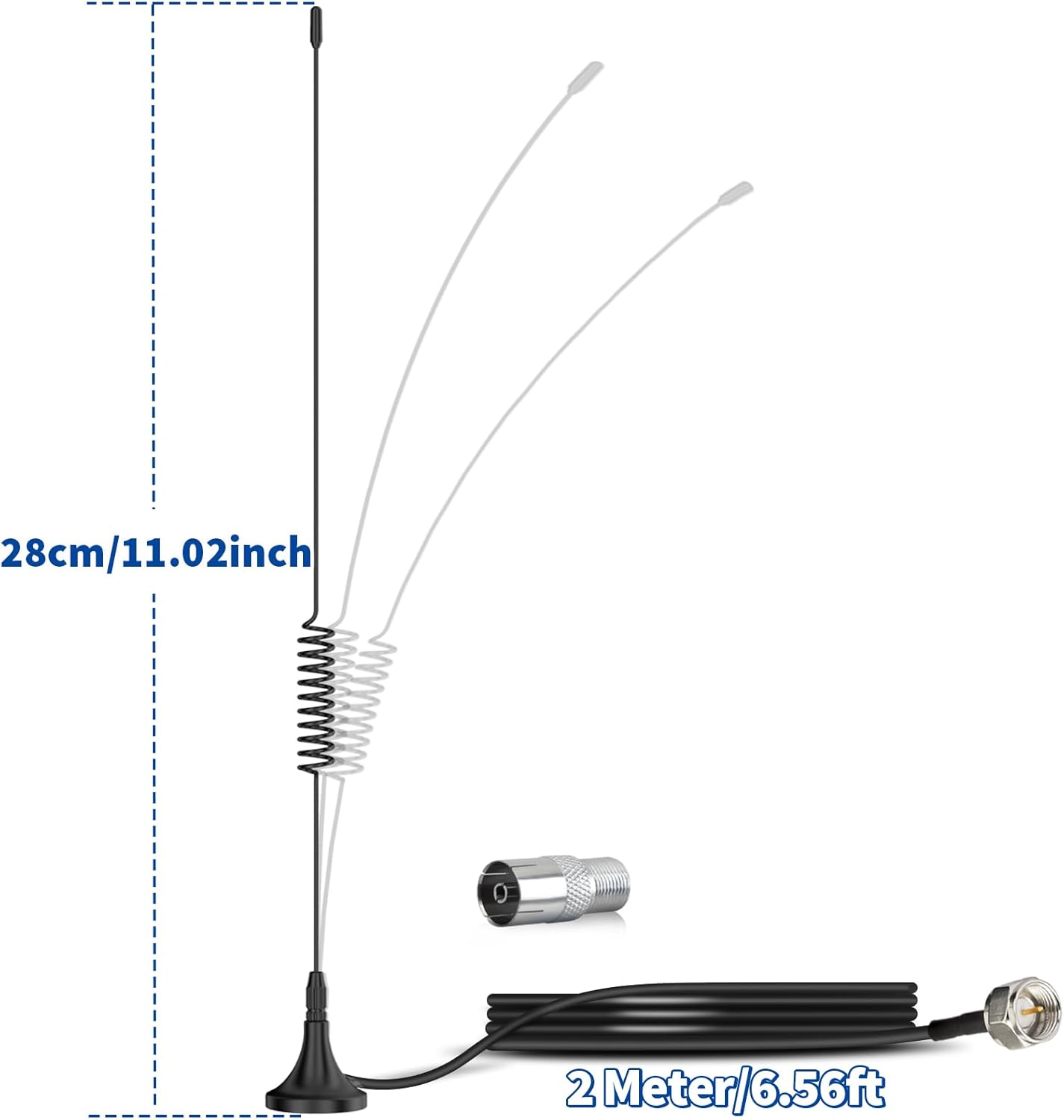 Technical specifications showing the 2m cable length and compact magnetic stand design