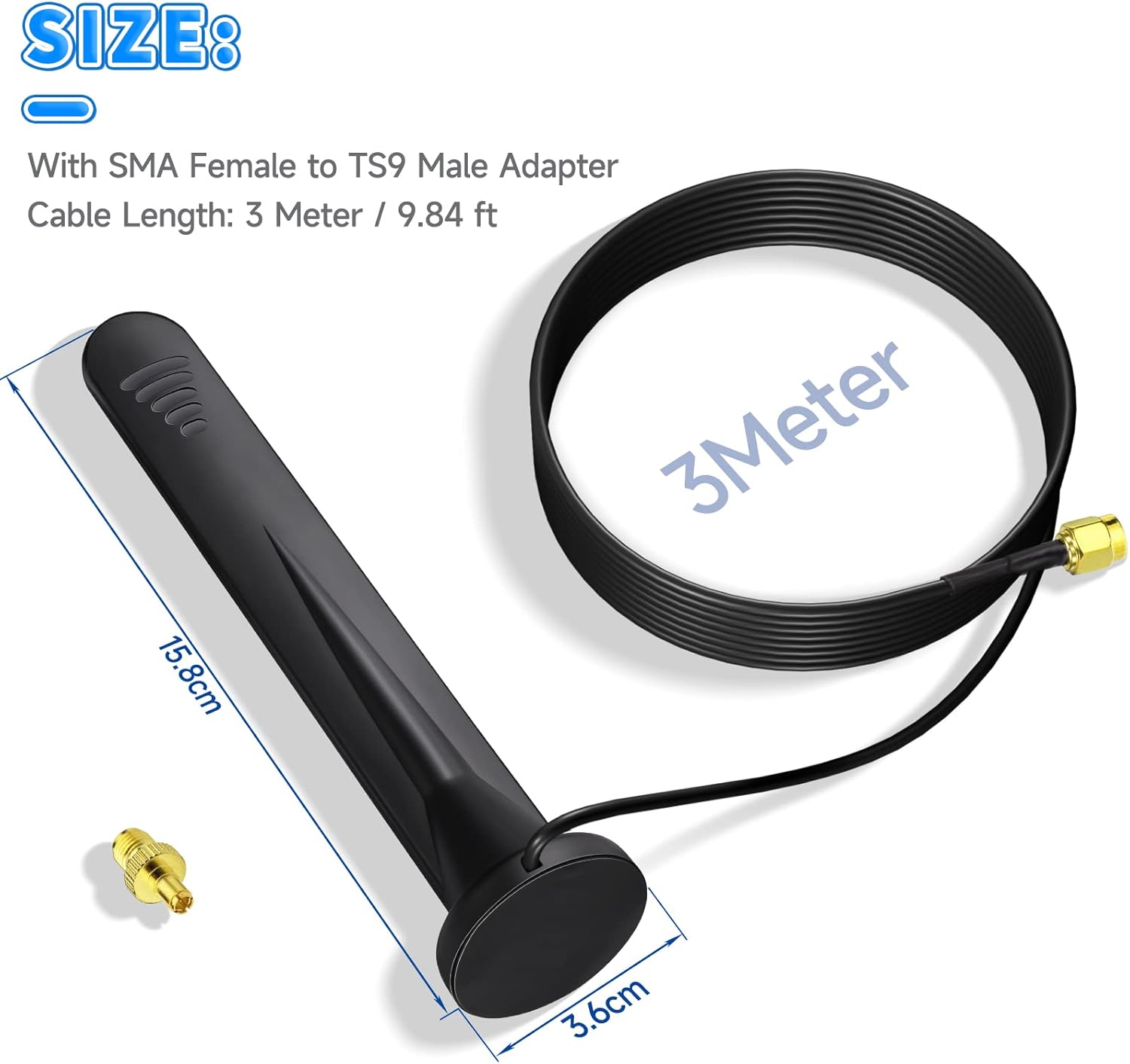 Technical specs: Bingfu TON00684 antenna height, 30mm base, and 3-meter (10ft) cable length