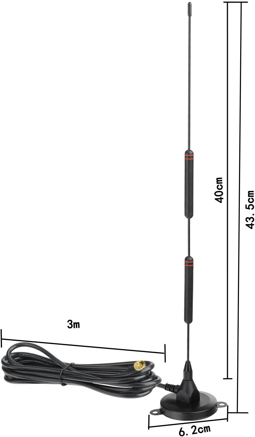 Technical specs of Bingfu BFN01028: Antenna height and thickness comparison of RG58 vs RG174 cable
