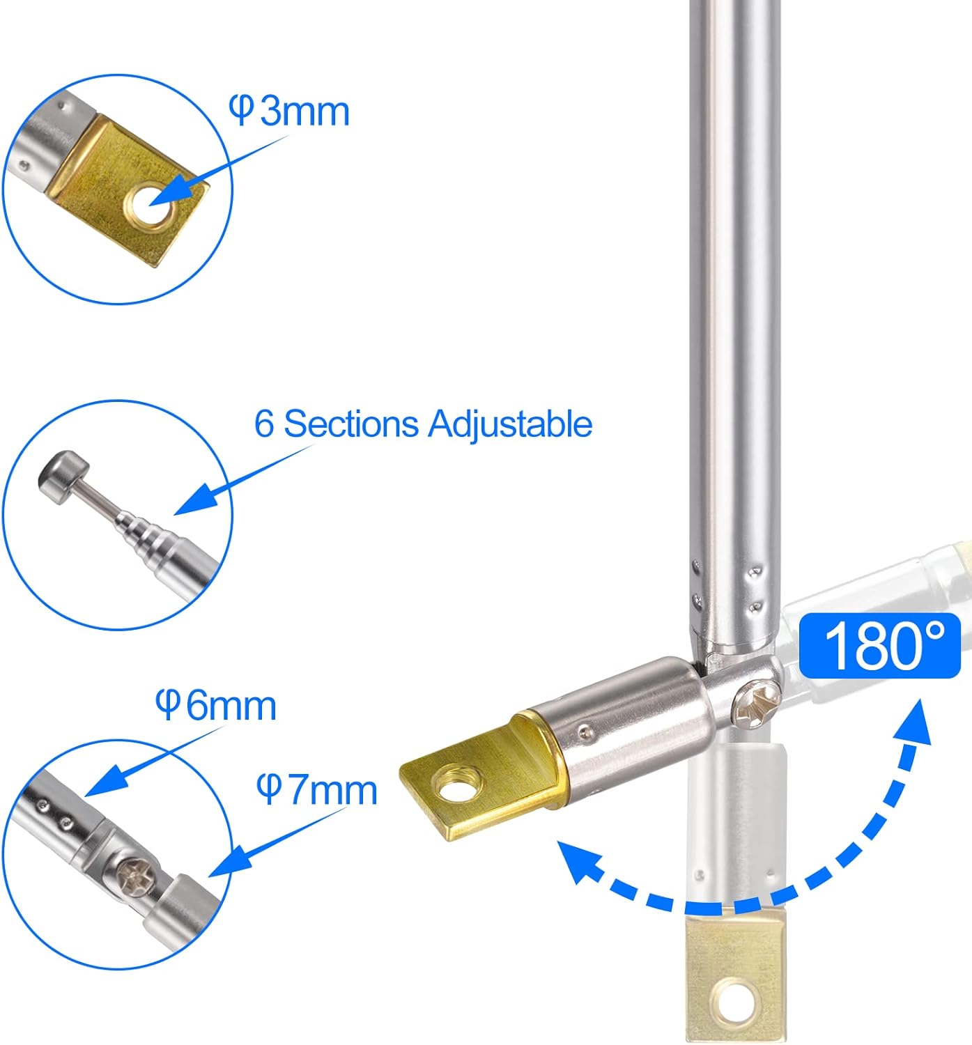 Technical specs showing the retracted length of 16.5cm and the fully extended length of 76cm for maximum signal gain