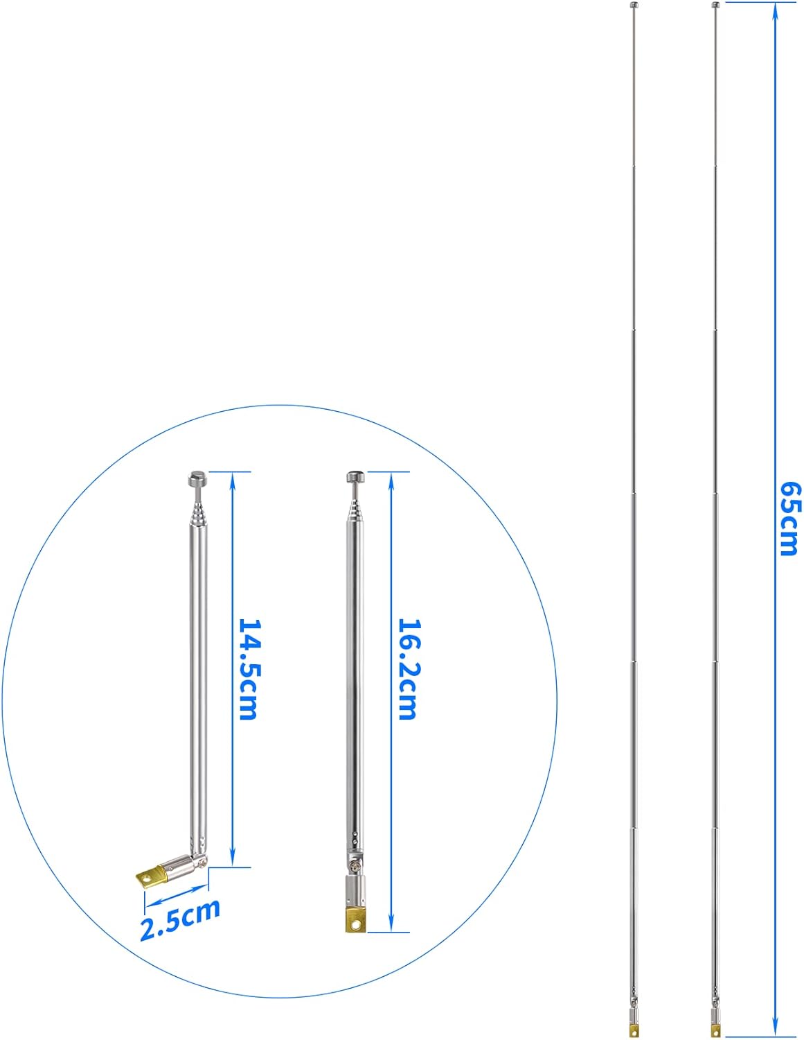 Technical specs showing the retracted length of 16.5cm and the fully extended length of 76cm for maximum signal gain