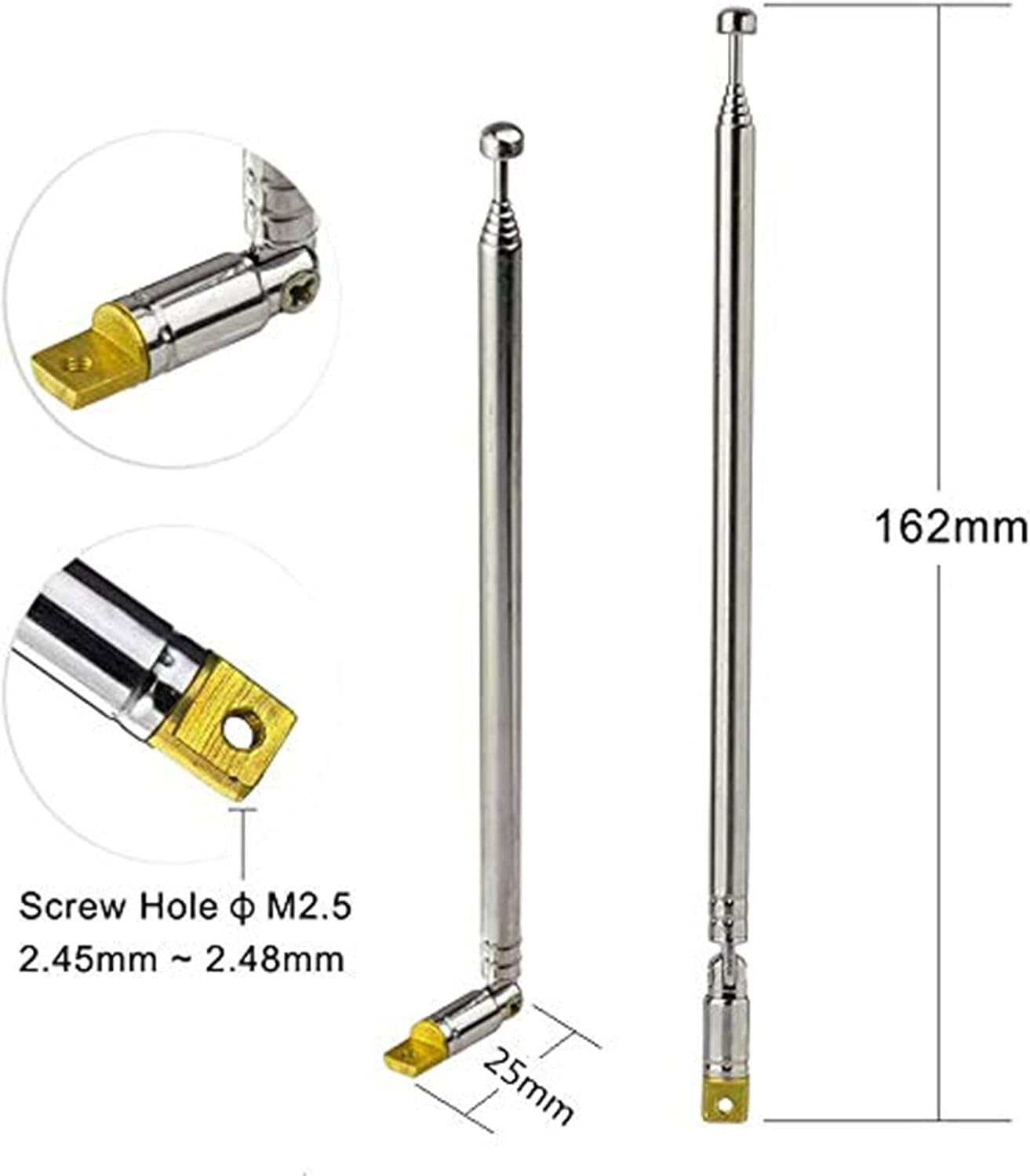 Technical specs showing the retracted length of 16.5cm and the fully extended length of 76cm for maximum signal gain