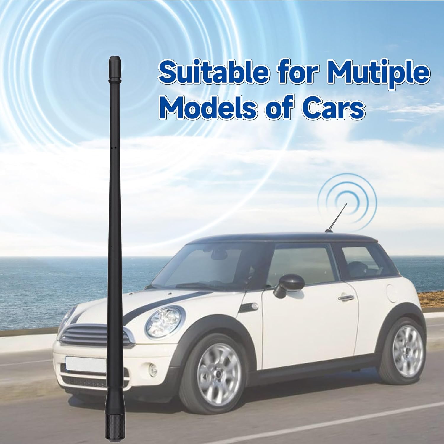 The 12.4-inch Bingfu antenna mounted on a car roof, showing its sleek, aerodynamic profile against a modern vehicle silhouette