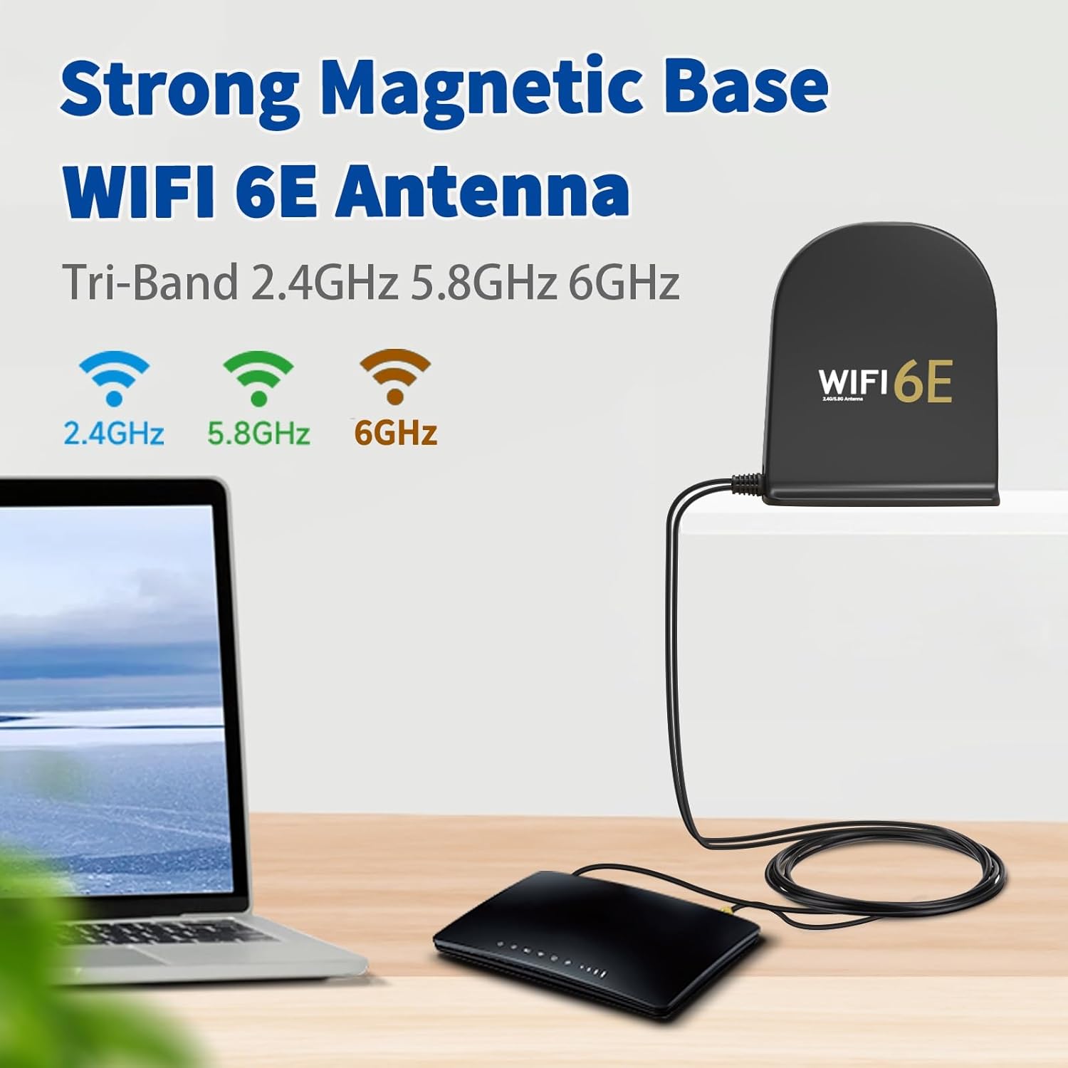 Upgrading a high-end gaming desktop's wireless signal by placing the Bingfu 8dBi magnetic antenna on a high shelf