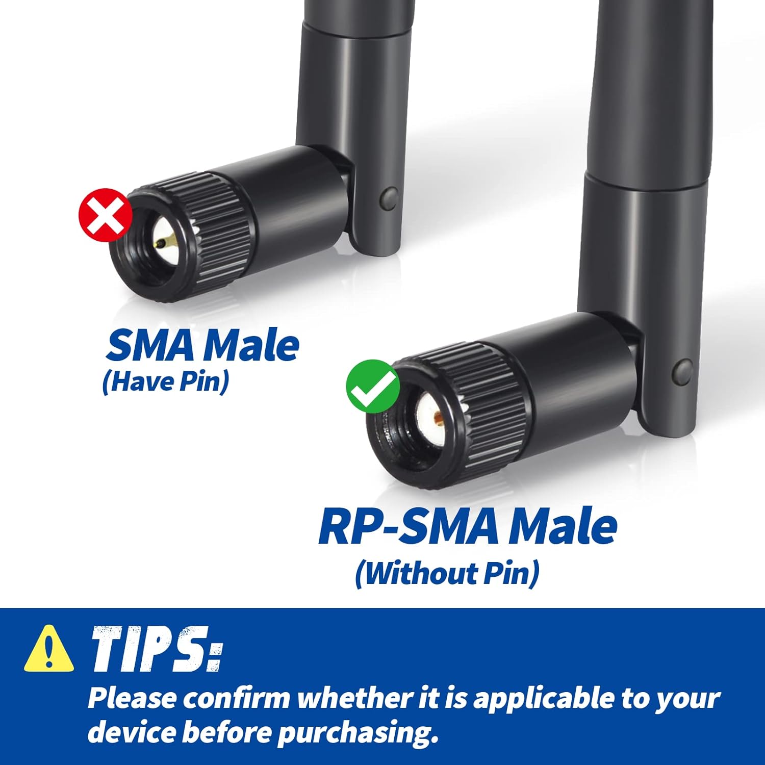 Visual guide showing the difference: Tiny MHF4 (IPEX4) connector for M.2 cards vs standard RP-SMA Male antenna