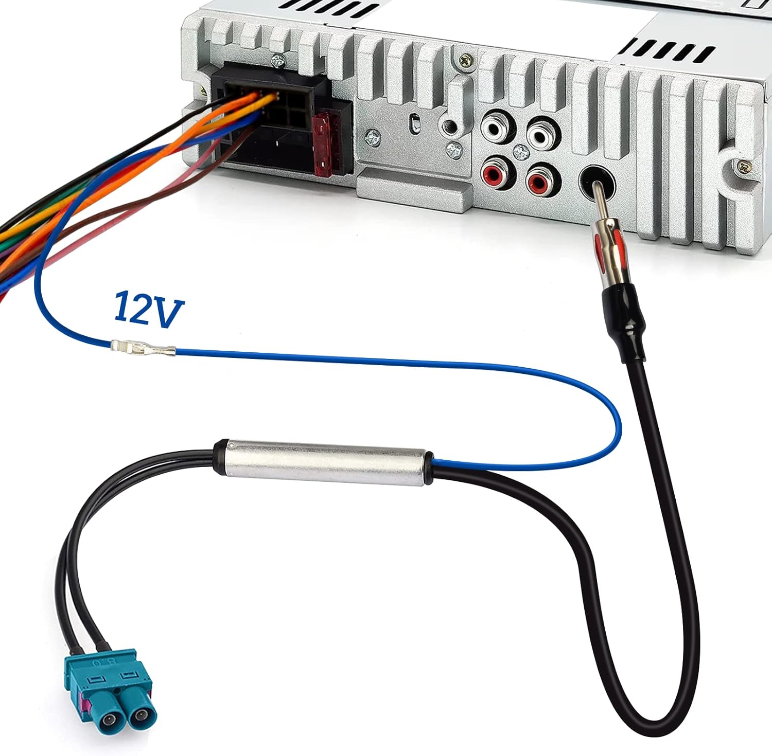 Wiring diagram showing the blue power lead connecting to the 'Auto Ant' or 'Remote' wire of an aftermarket stereo to activate the phantom power