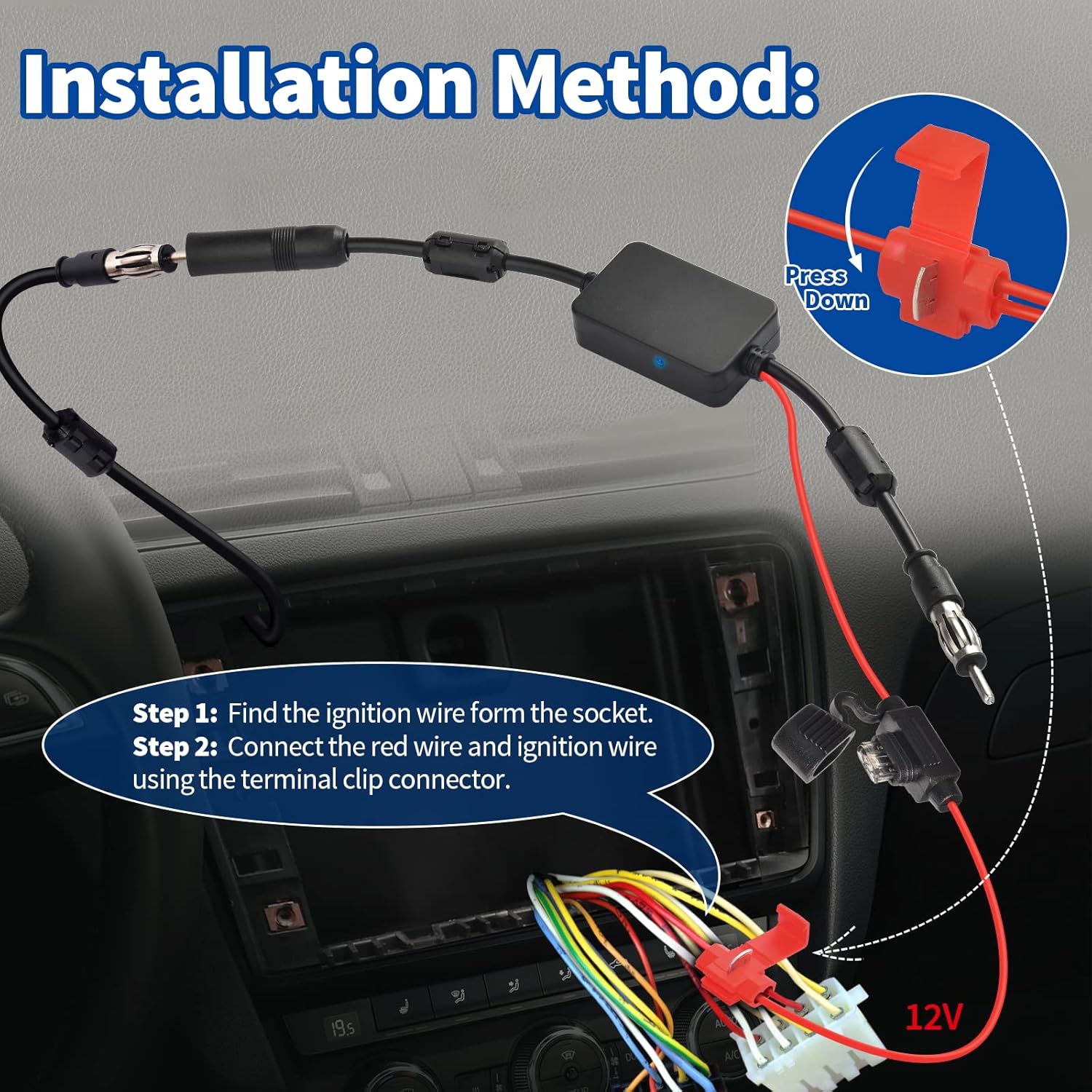 Wiring diagram showing the red power wire connecting to the 12V ignition/switched source and DIN plugs connecting to the radio