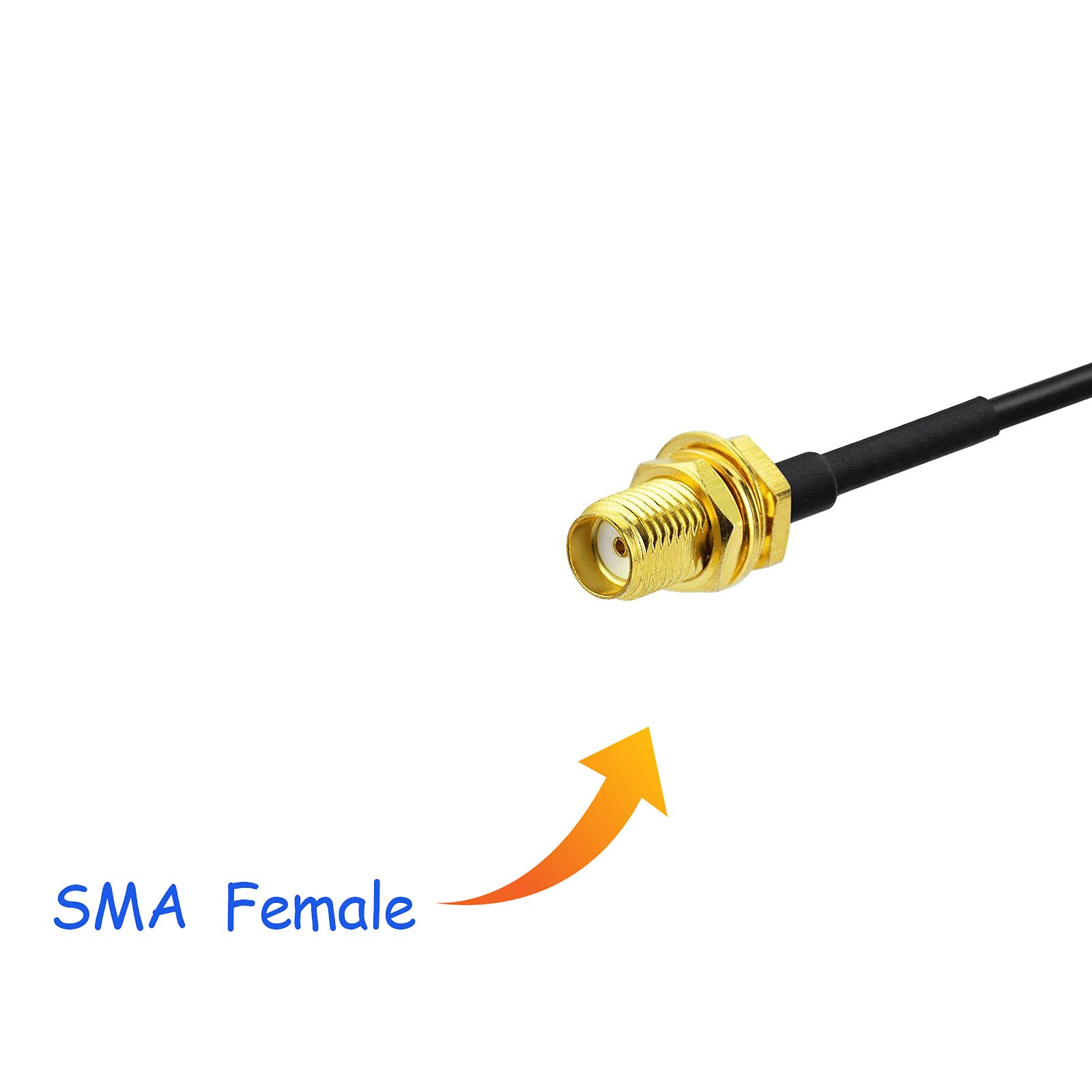 SMA female connector detail, showing perfect compatibility with Baofeng and Kenwood series