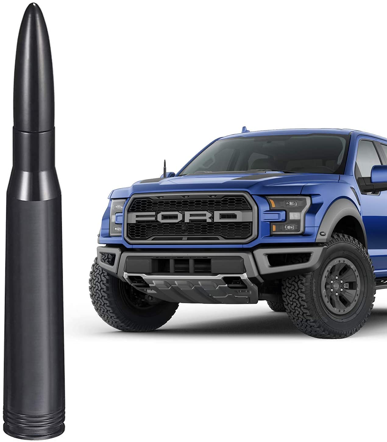 A Ford F150 truck parked in a city setting, showcasing the sleek look of the bullet antenna