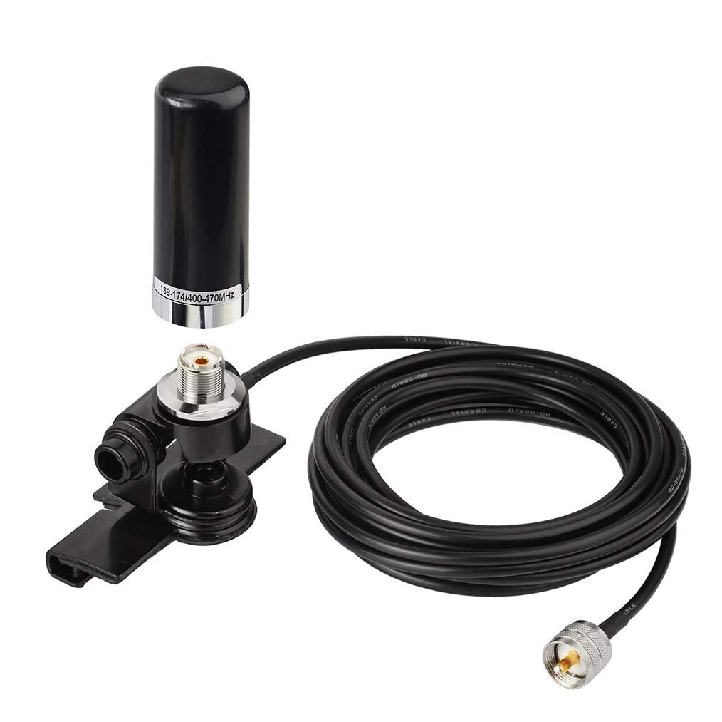 Bingfu low-profile NMO ham radio antenna kit with heavy-duty L-bracket lip mount and 5-meter RG58 coaxial cable.