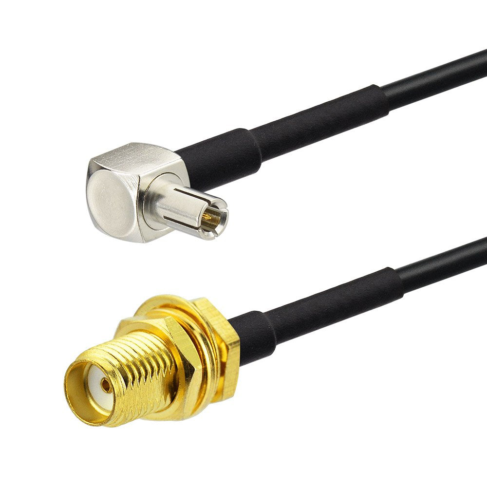 Close-up of RG174 low-loss coaxial cable with gold-plated connectors