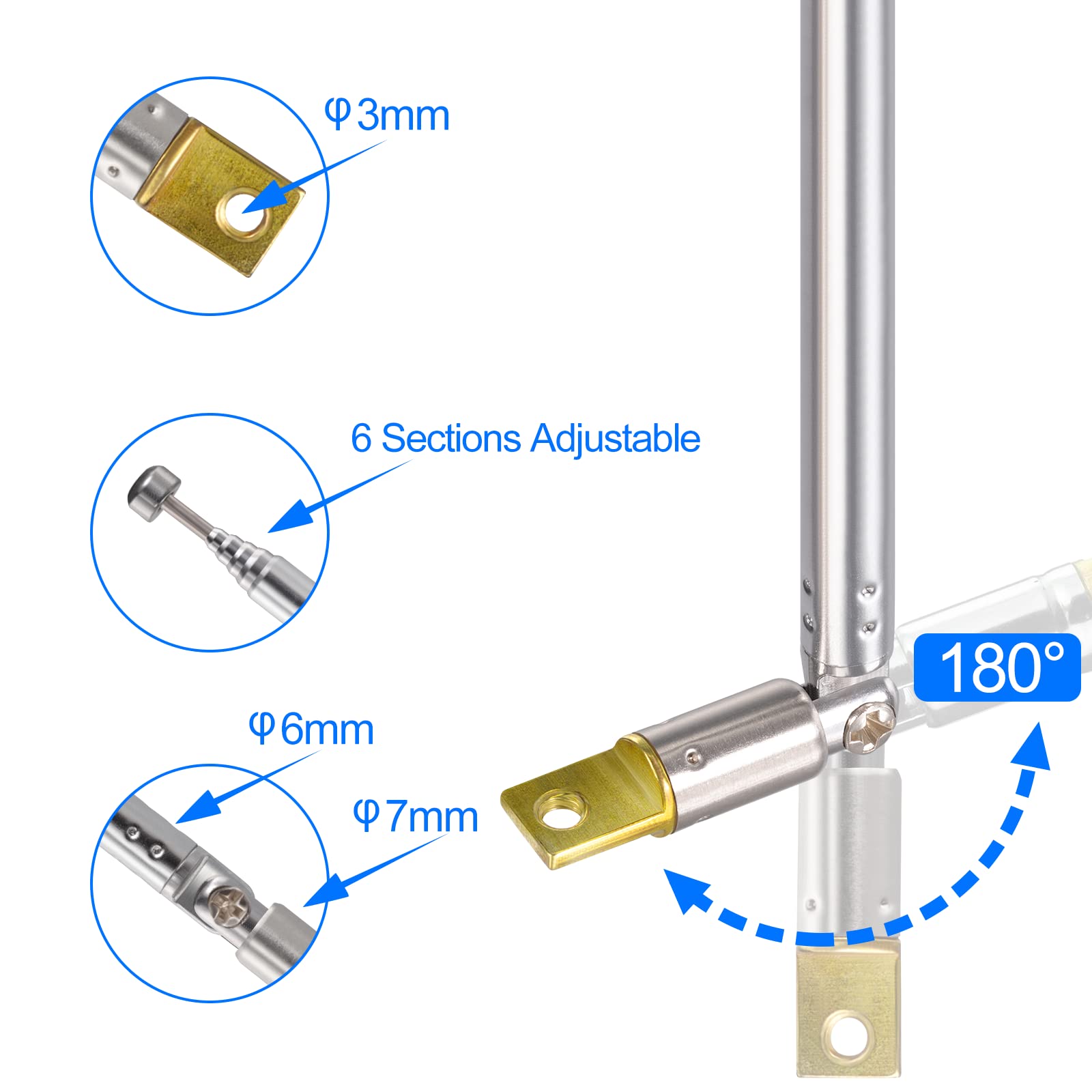 Close-up of the 7-section foldable design and high-quality metal finish