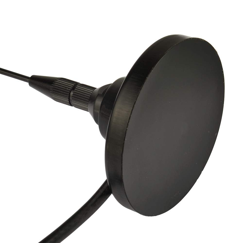 Close-up of the detachable stainless steel whip antenna and the strong magnetic mounting base for stable RF reception