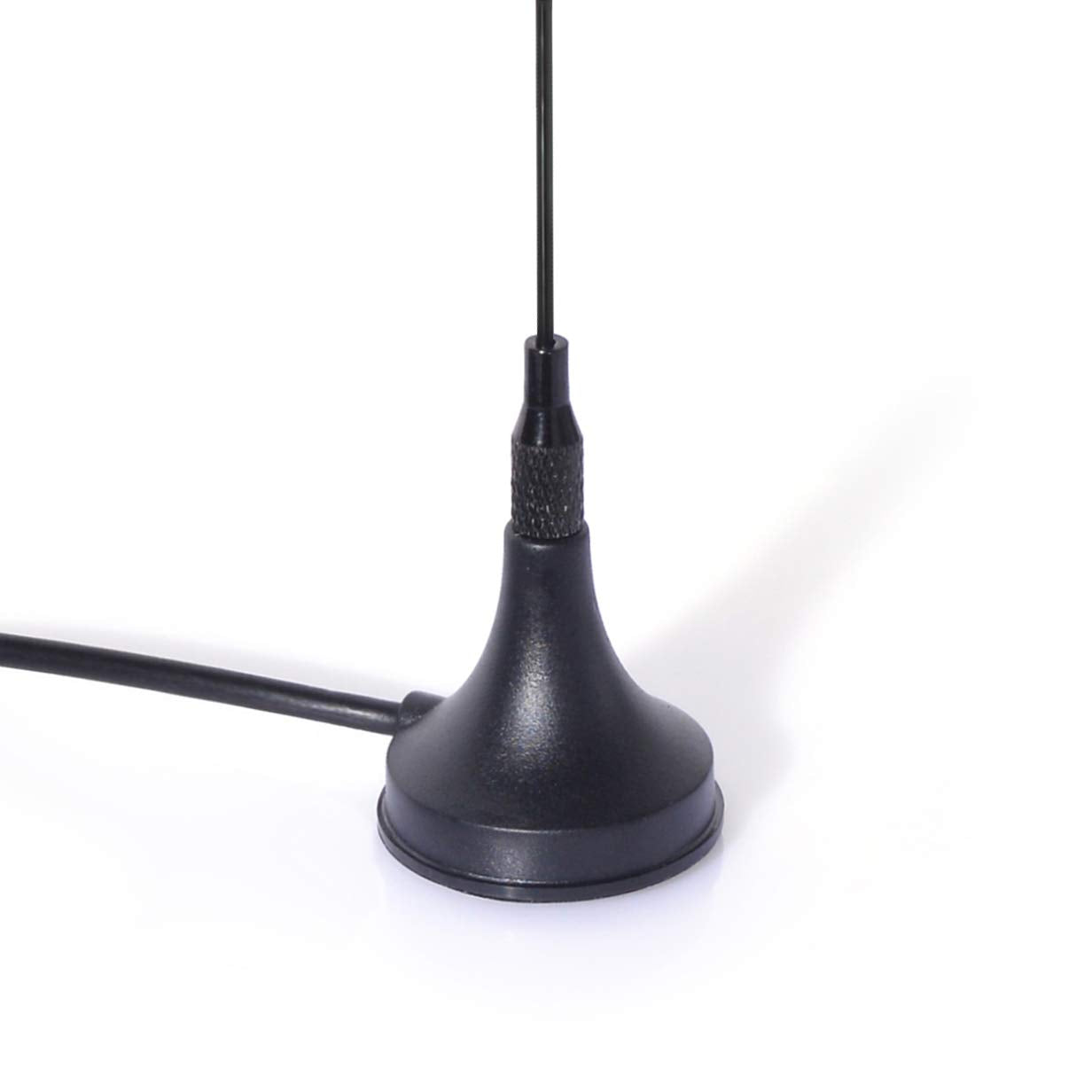 Close-up of the flexible antenna whip and the strong magnetic base designed for high-speed vehicle stability