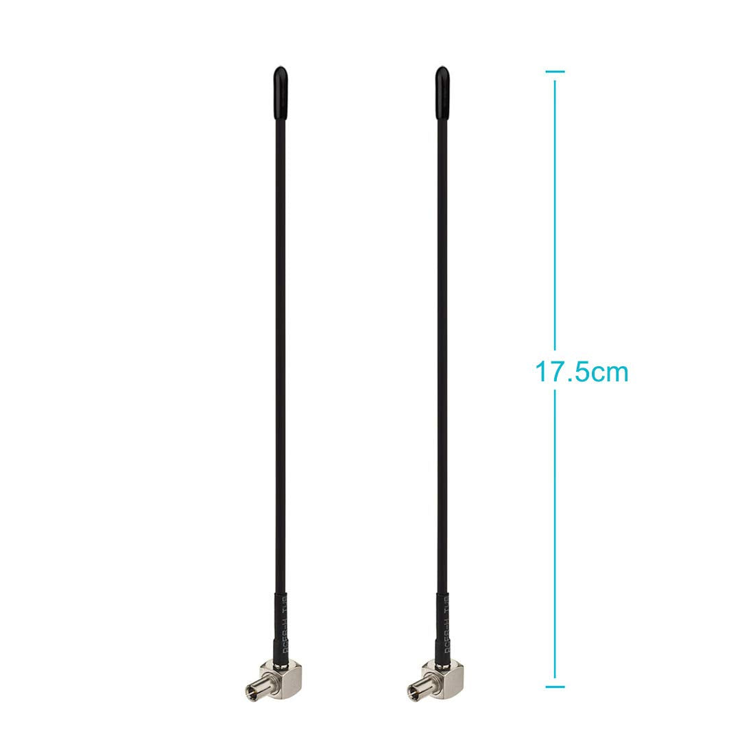 Comparison showing the compact dimensions and flexible TPE material of the 3dBi omni-directional TS9 antenna