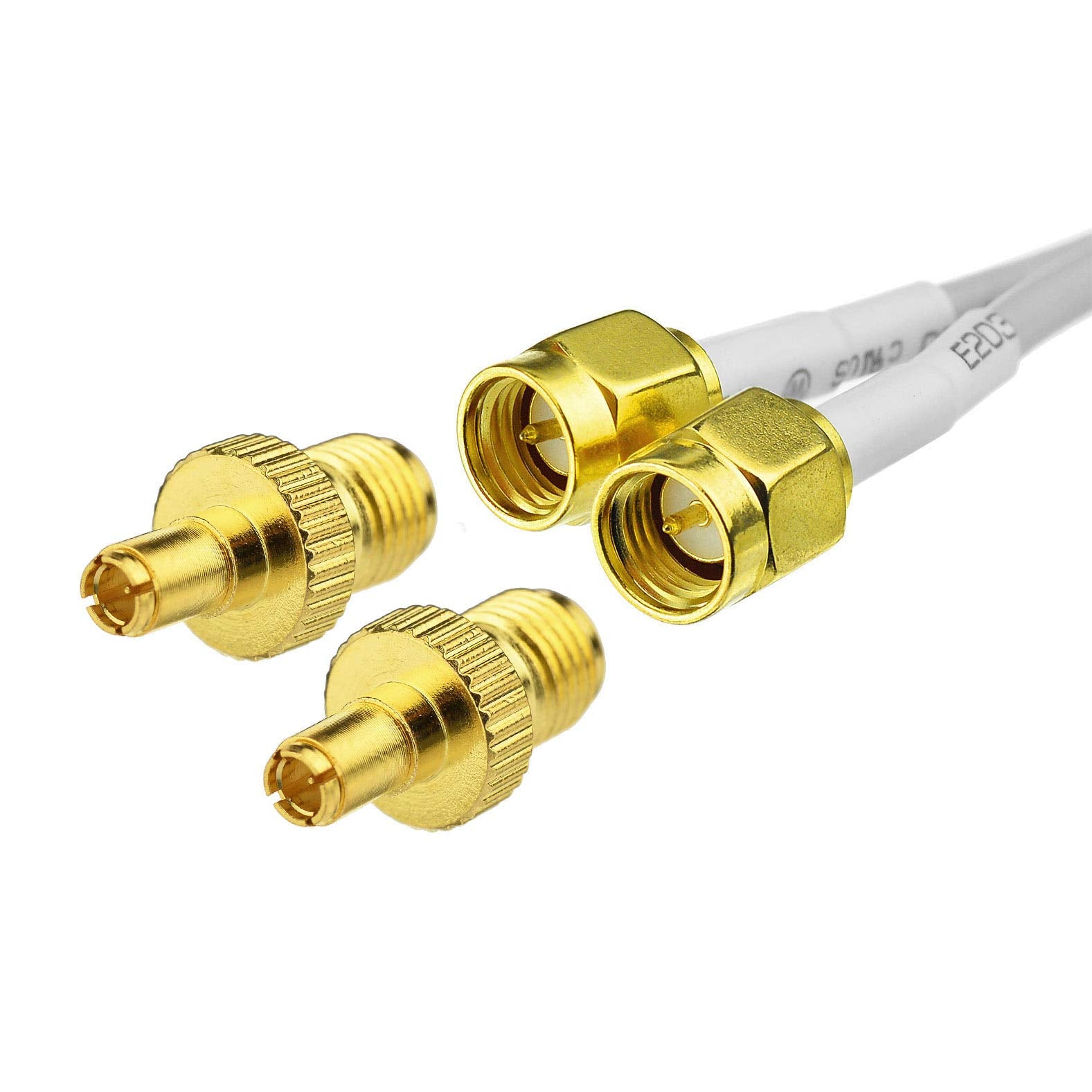 Comparison view showing the integrated SMA male connectors and the included 2-pack SMA female to TS9 male adapters for universal device compatibility