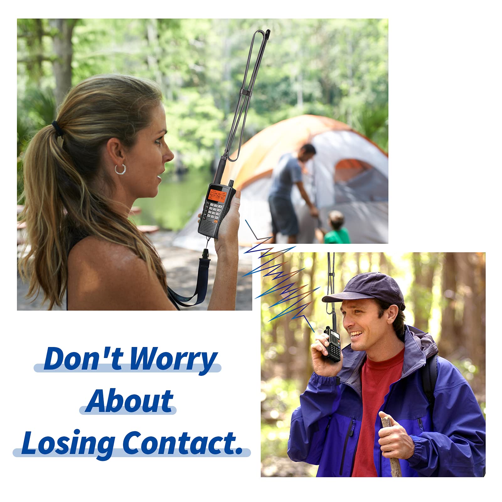 Demonstrating the SMA female tactical antenna securely screwed onto a Baofeng UV-5R handheld walkie talkie