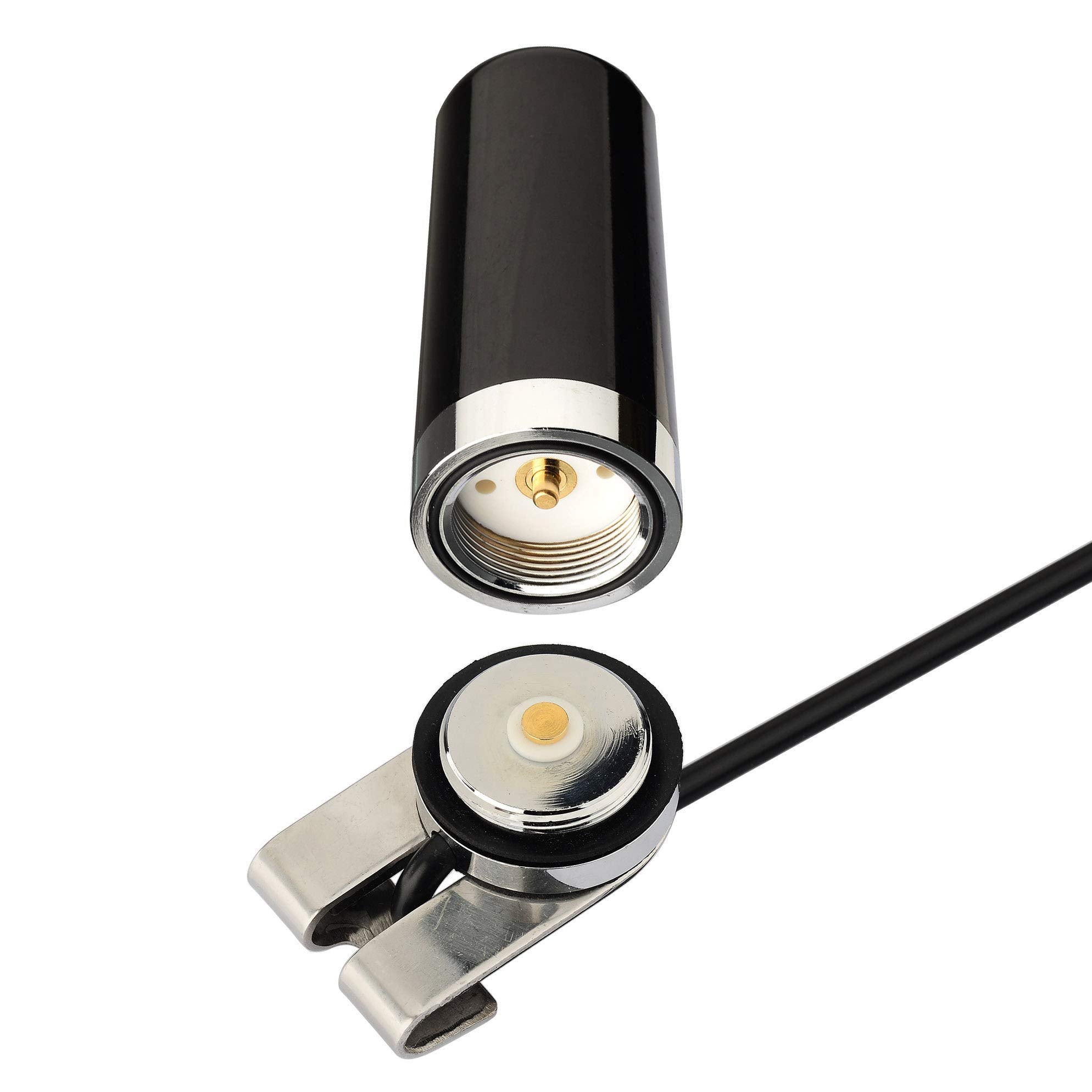Detailed view of the UHF PL259 (Male) connector on a low-loss RG58 cable, compatible with BTECH, ICOM, and Yaesu mobile radios