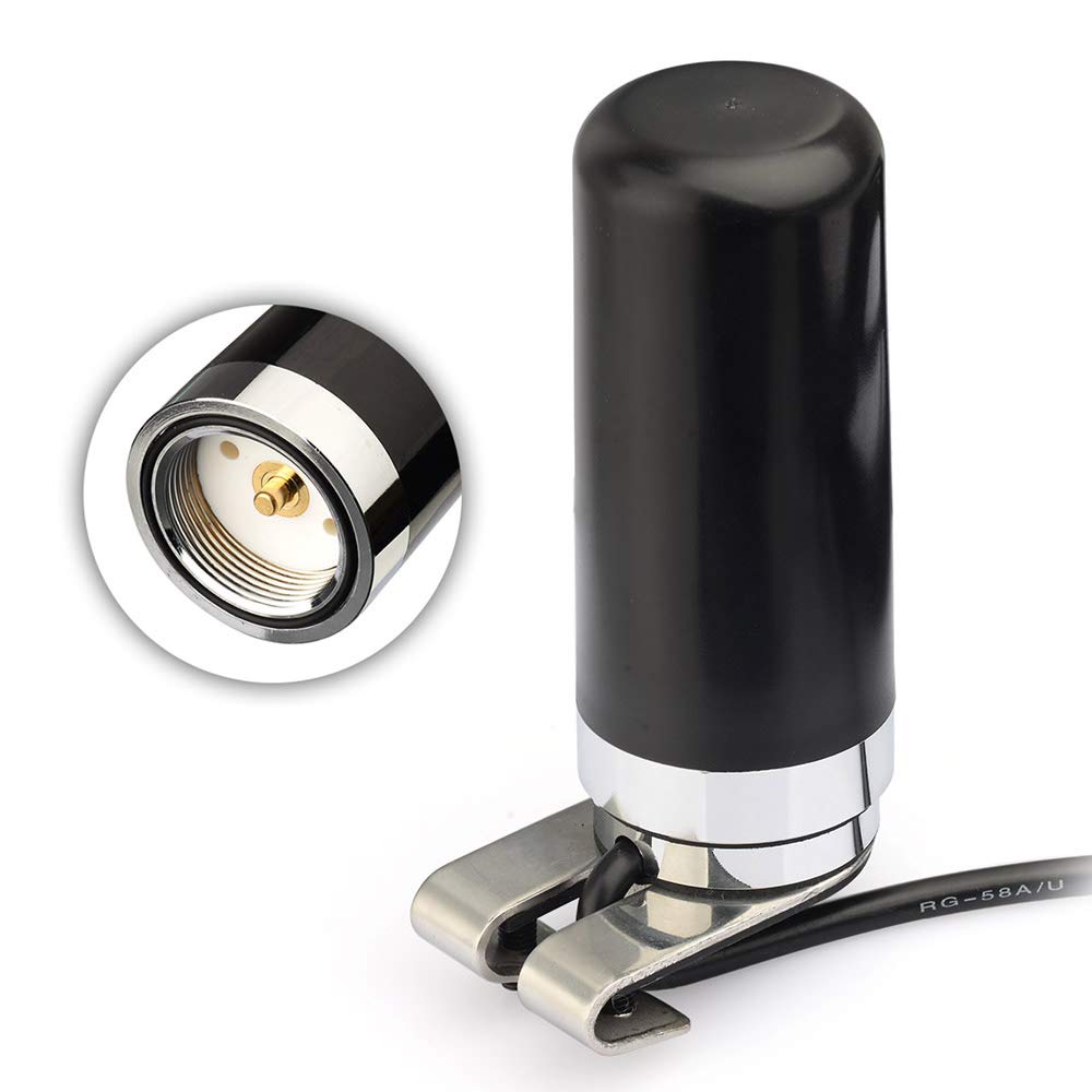 Detailed view of the UHF PL259 (Male) connector on a low-loss RG58 cable, compatible with BTECH, ICOM, and Yaesu mobile radios