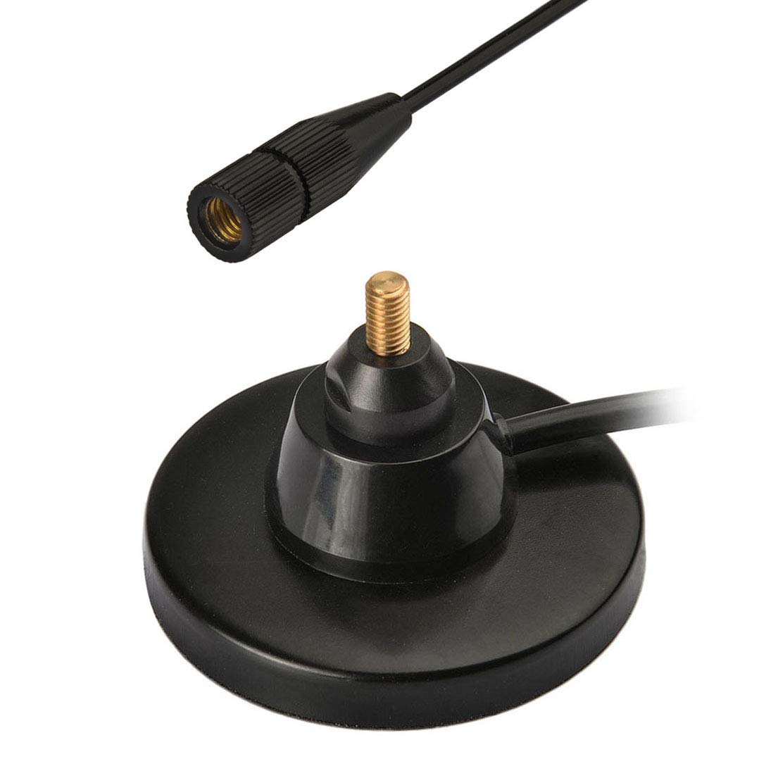 Detailed view of the nickel-plated BNC male connector, compatible with Uniden Bearcat and Whistler handheld scanners