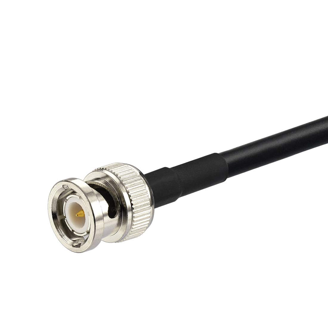 Detailed view of the nickel-plated BNC male connector, compatible with Uniden Bearcat and Whistler handheld scanners
