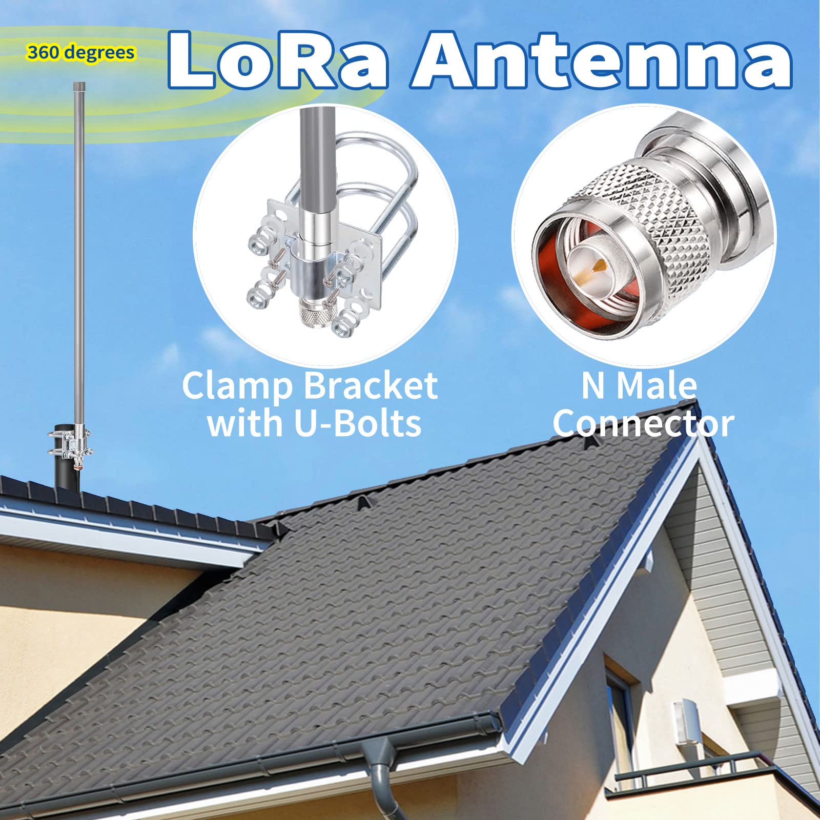 Diagram showing the antenna mounted on a rooftop pole with mounting hardware