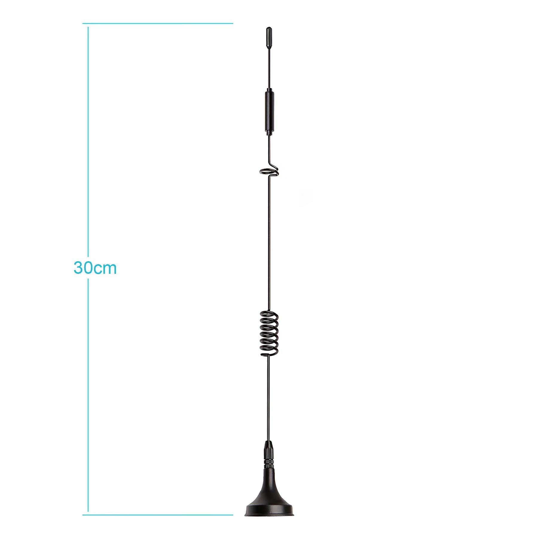 Dimensions of the 8dBi antenna height, magnetic base diameter, and 3-meter RG174 cable