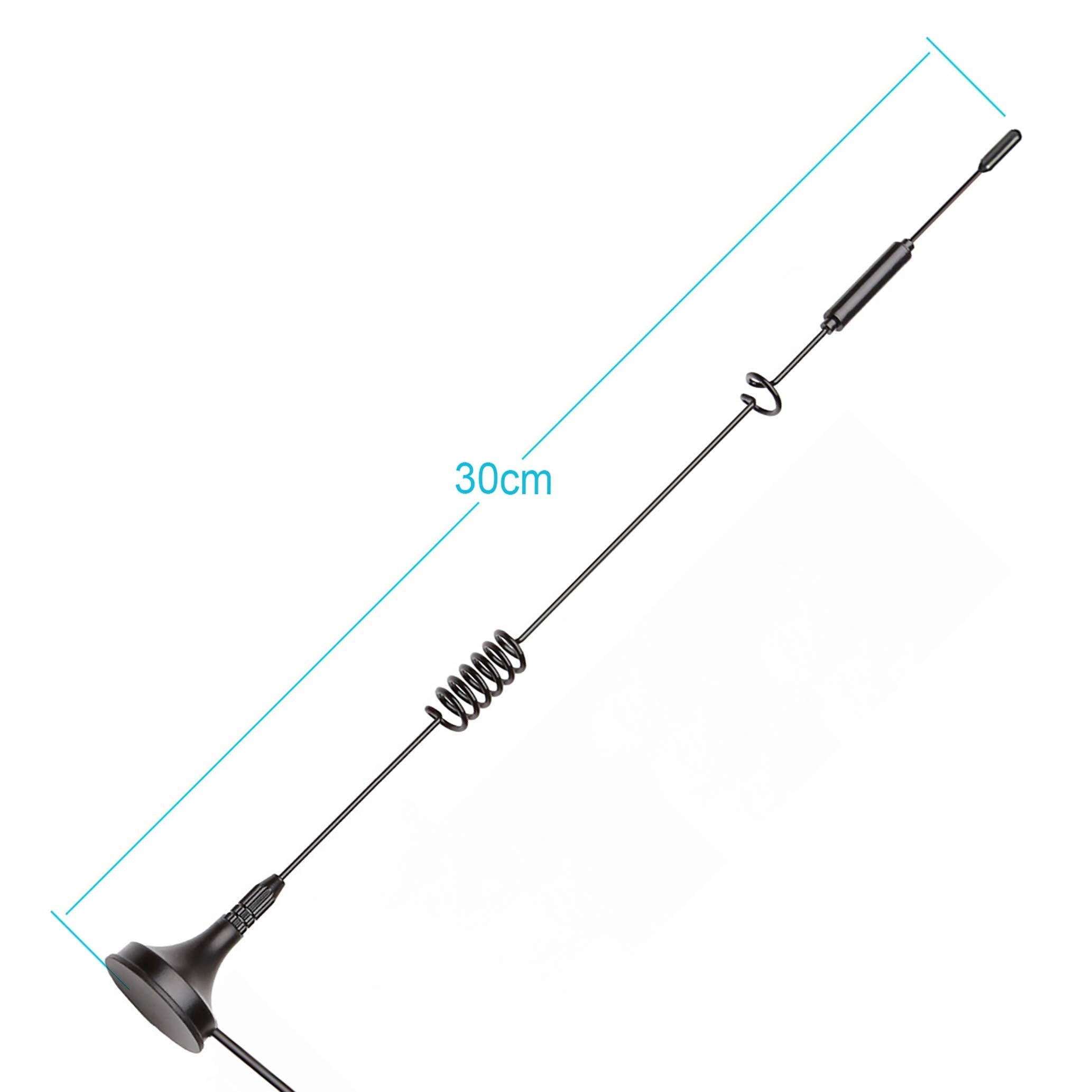 Dimensions of the 8dBi antenna height, magnetic base diameter, and 3-meter RG174 cable