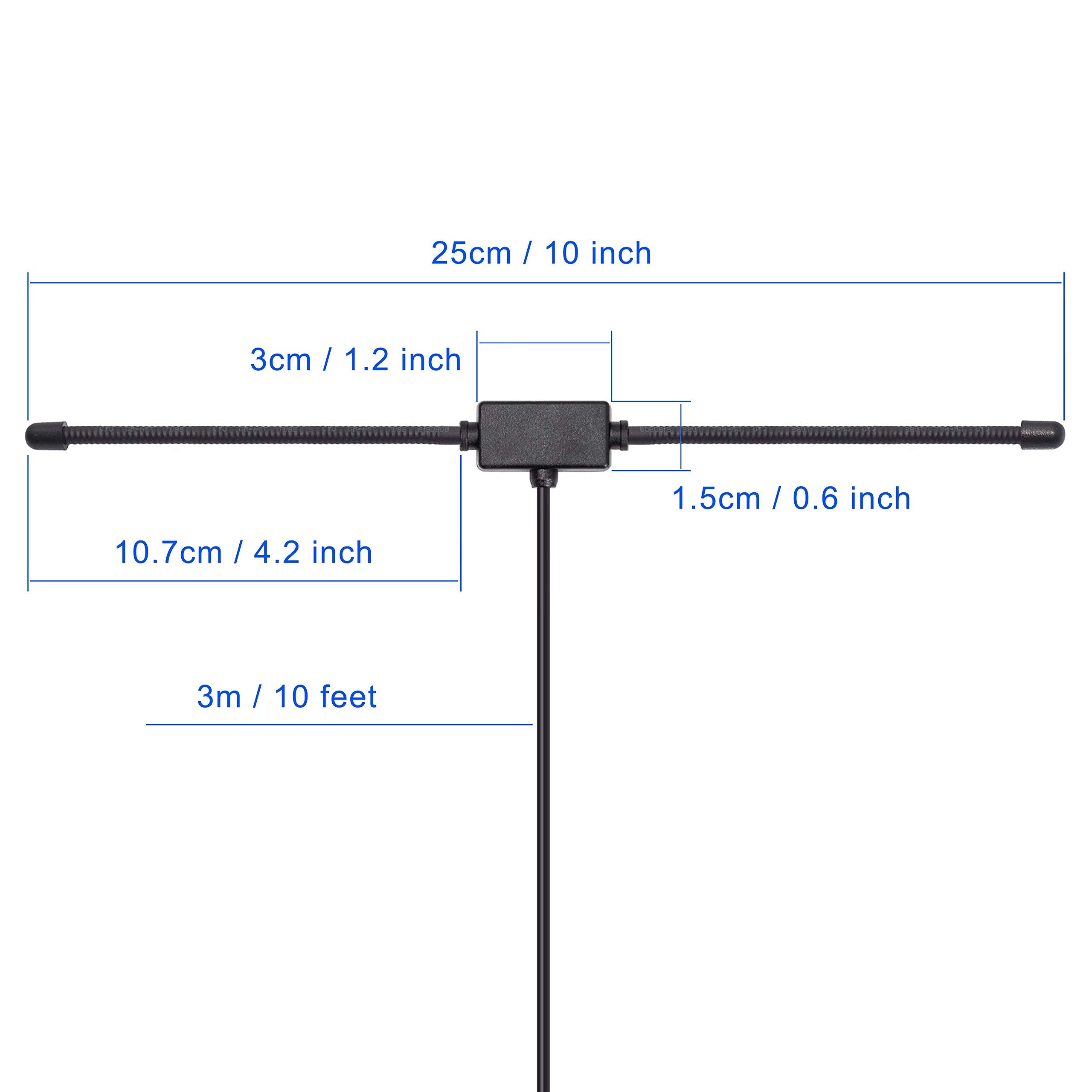 Dimensions of the slim patch antenna and the 3-meter (10ft) RG174 cable length