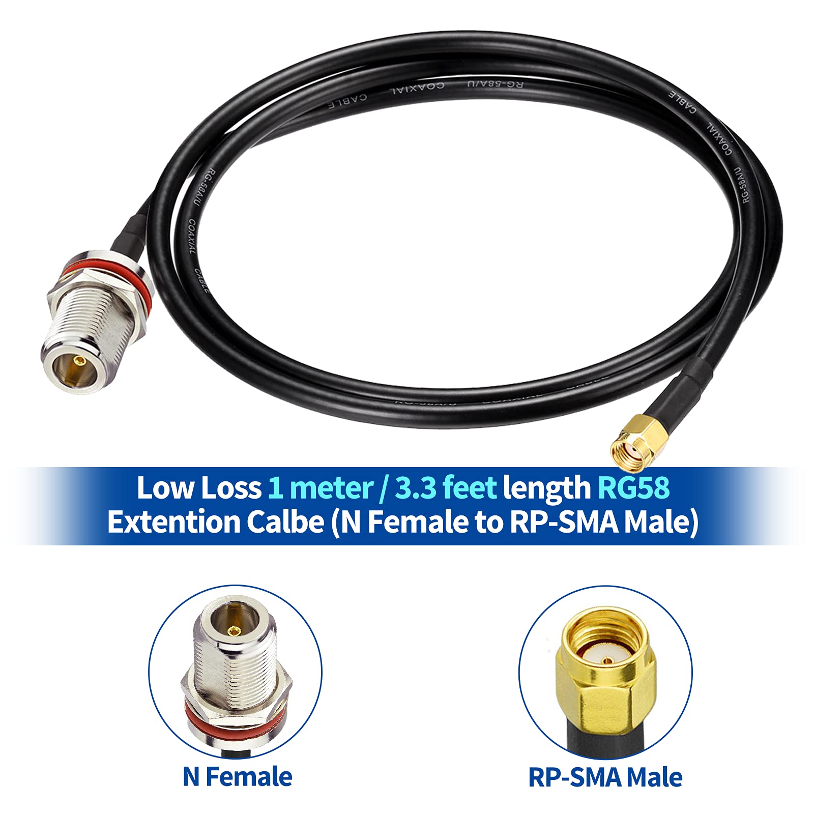 High-precision connectors (N-type to RP-SMA) showing low-loss cable construction.