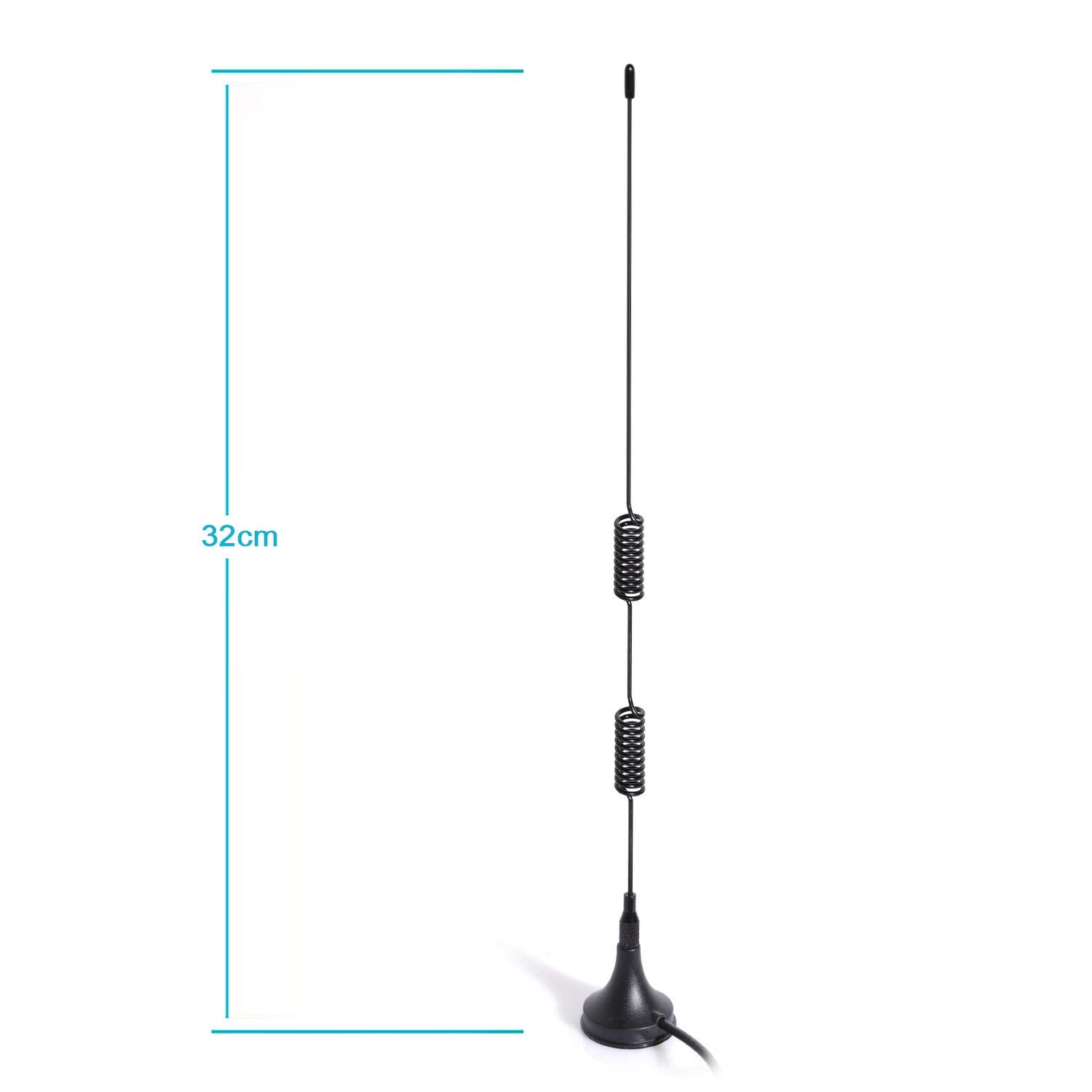 Product dimensions highlighting the compact whip height and magnetic base diameter.