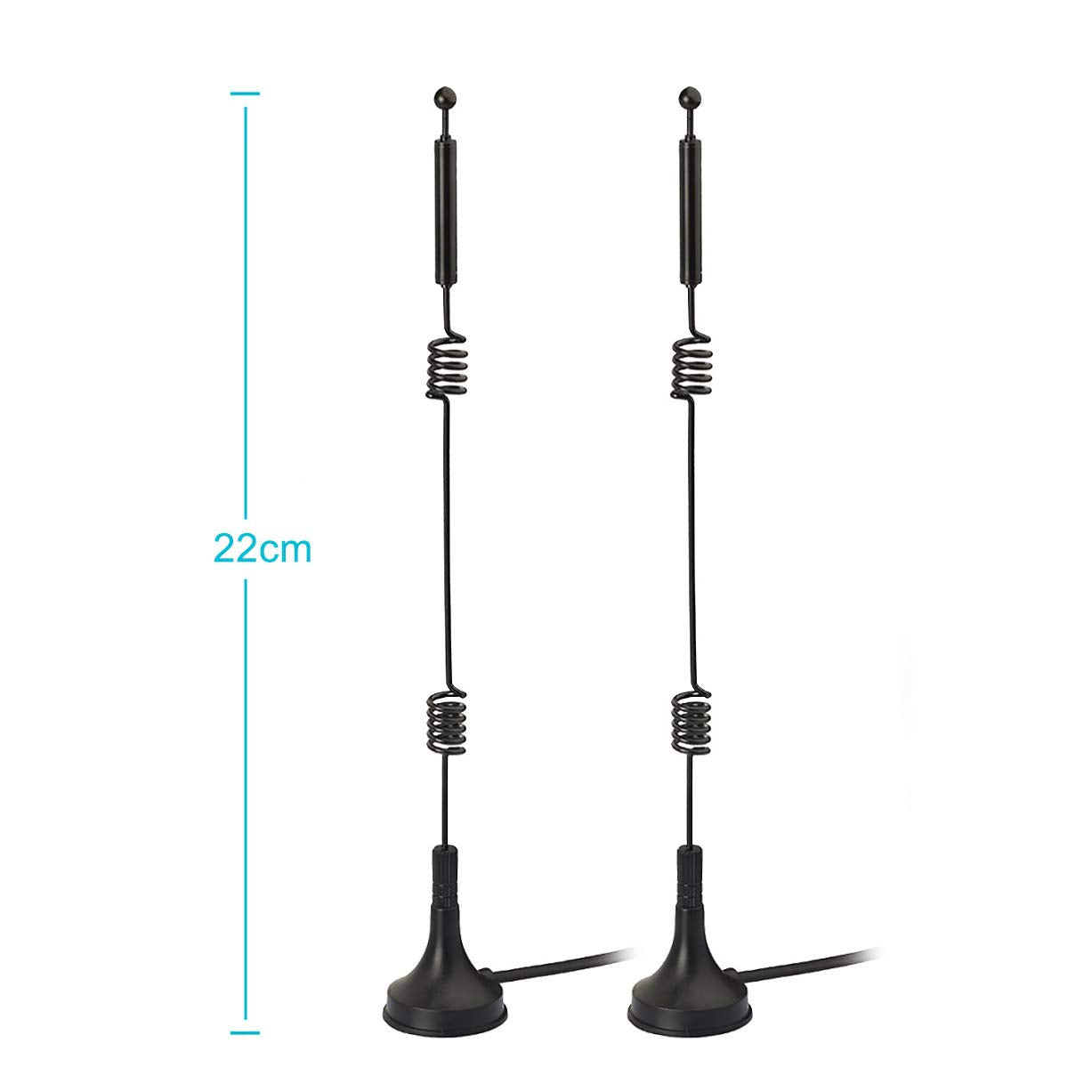 Product dimensions showing the 9dBi antenna height and extension cable length, optimized for vehicle and security setups
