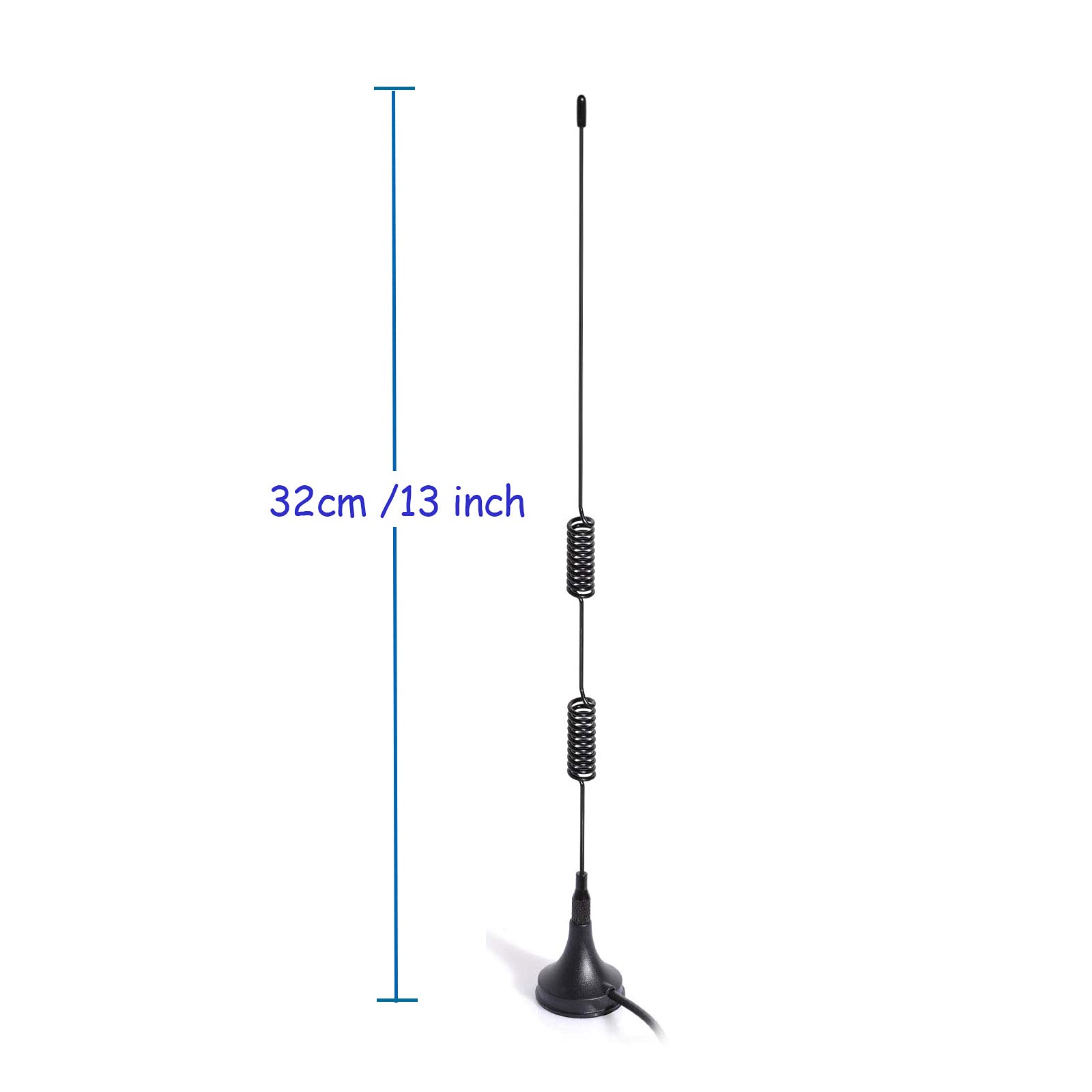 Product layout highlighting the antenna height and the diameter of the magnetic base for stability