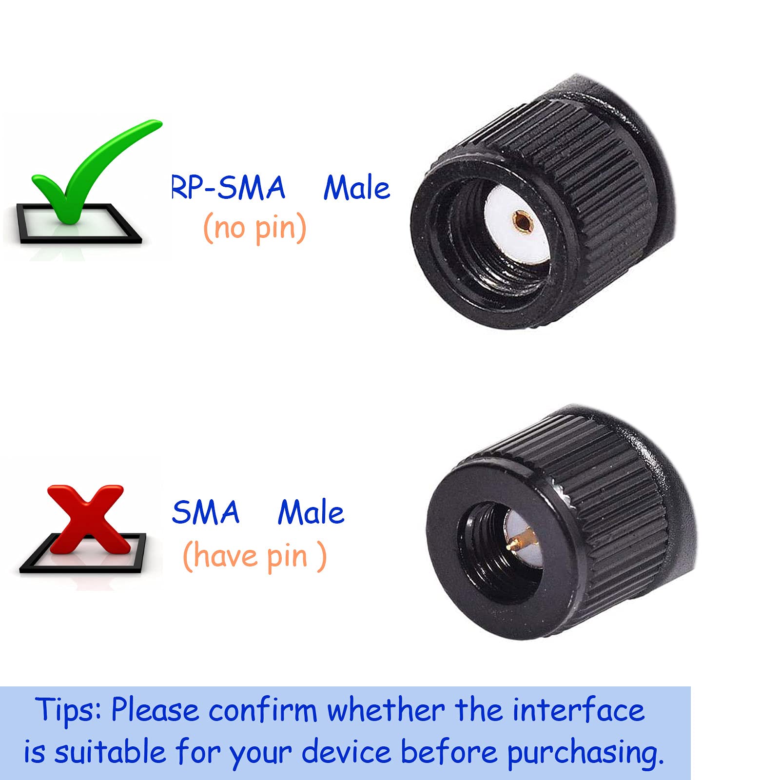 RP-SMA Male connector (internal threads, center hole) - essential check for standard home WiFi equipment