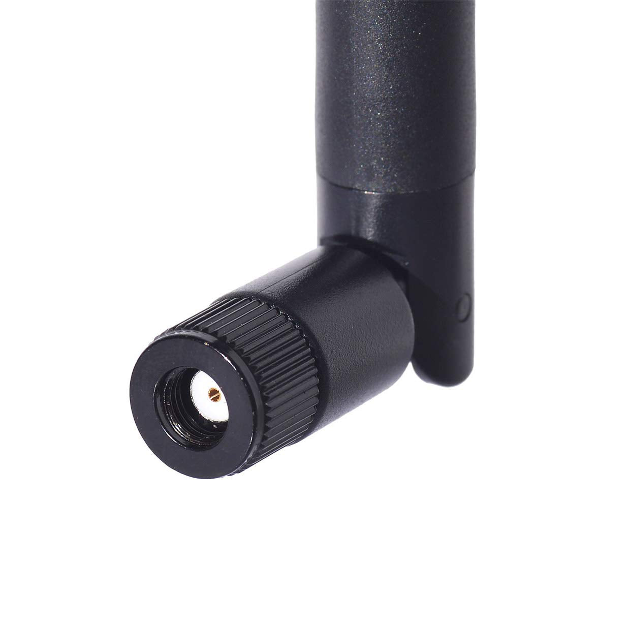 RP-SMA Male connector (internal threads, center hole) - standard interface for most home and office WiFi equipment.