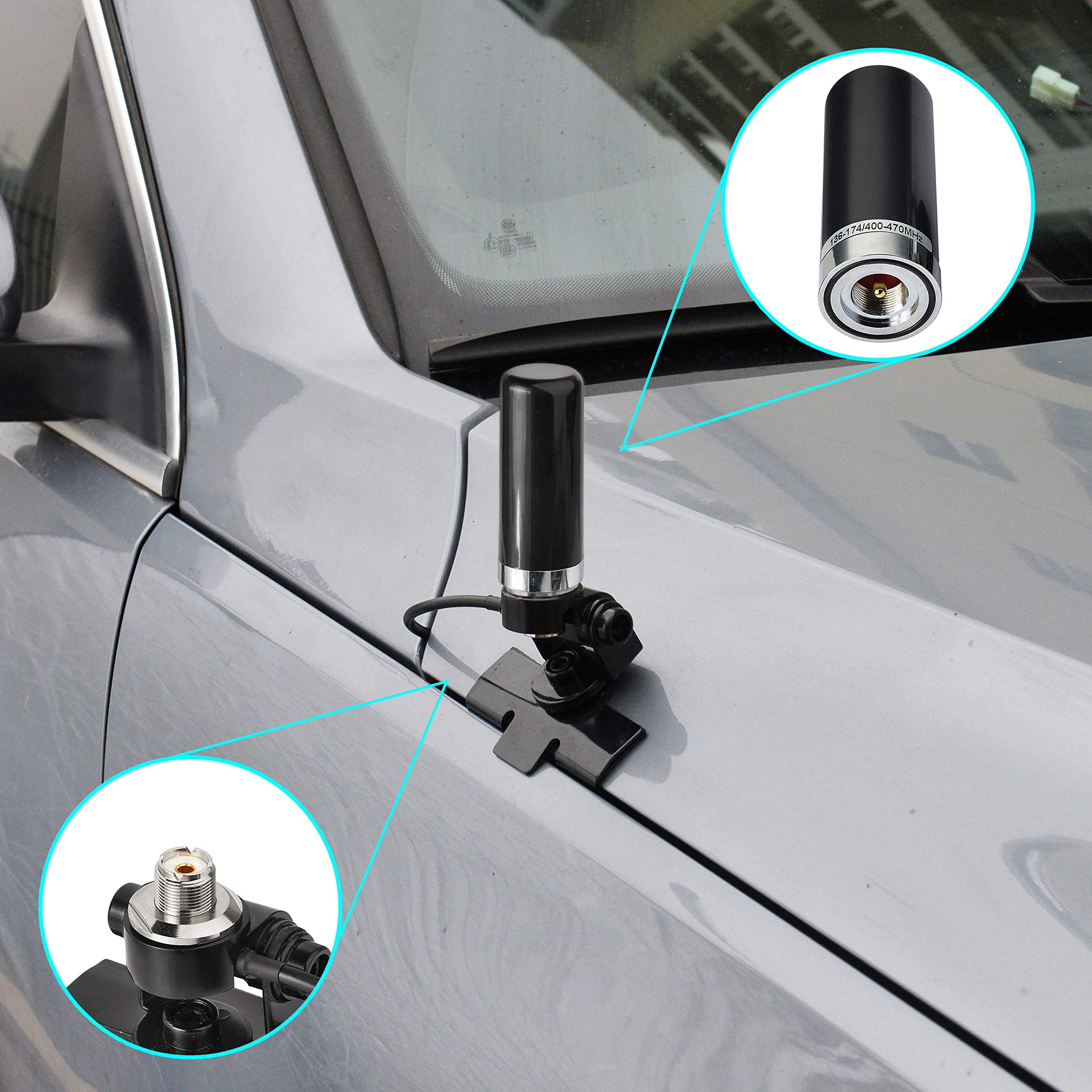 Showing the low-profile antenna mounted on a car trunk edge using the no-drill lip mount bracket for a clean look