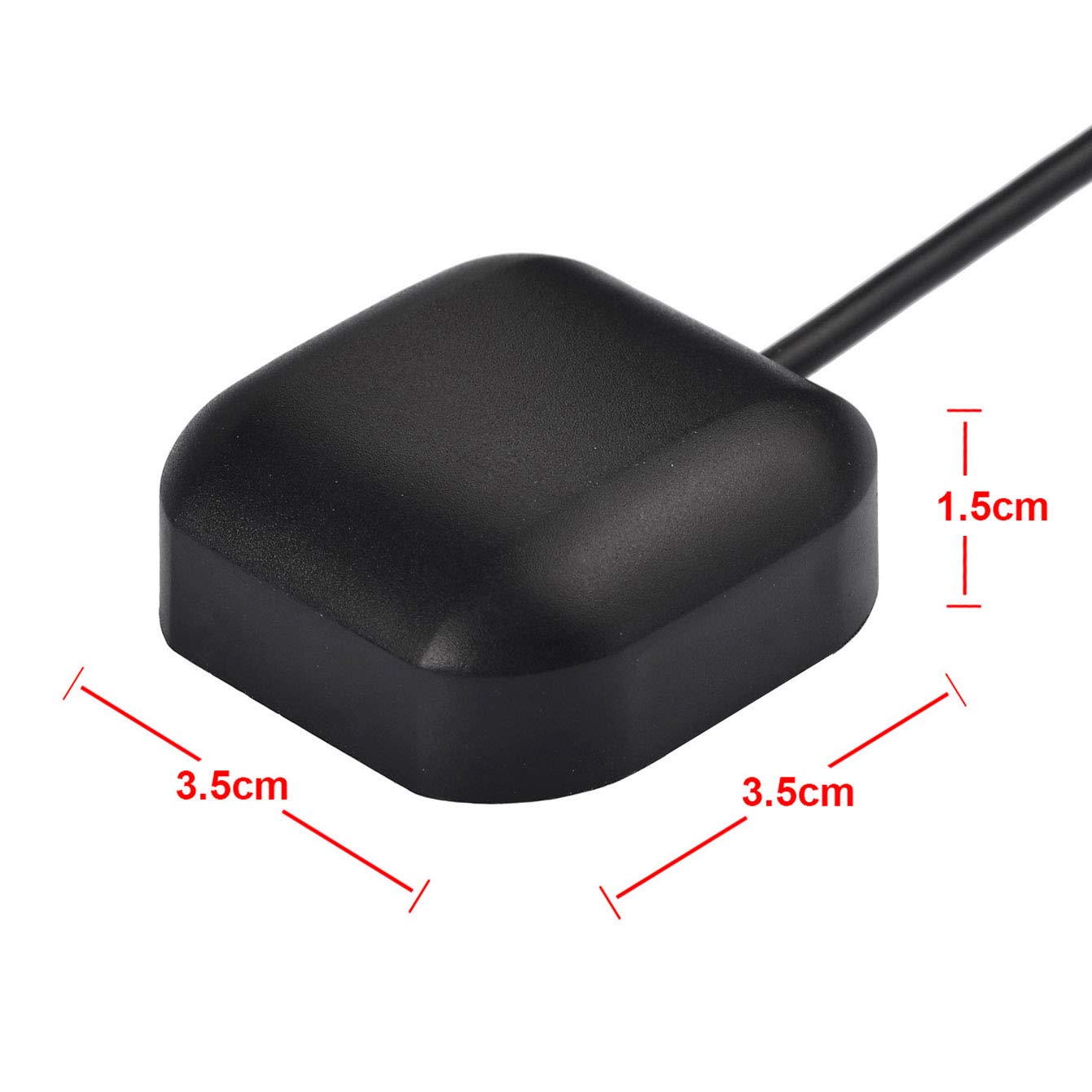 Specification diagram displaying the 3-meter (10ft) cable length and the compact 45x38x15mm GPS antenna module size