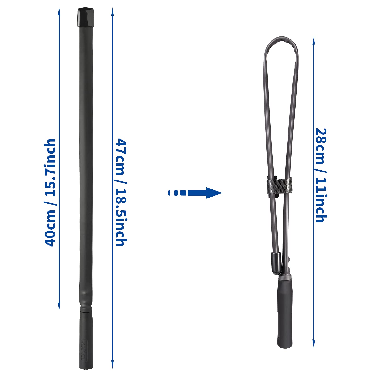 Specification diagram showing the 47cm (18.5") length, the 2-pack bundle contents, and frequency range of 136-520MHz
