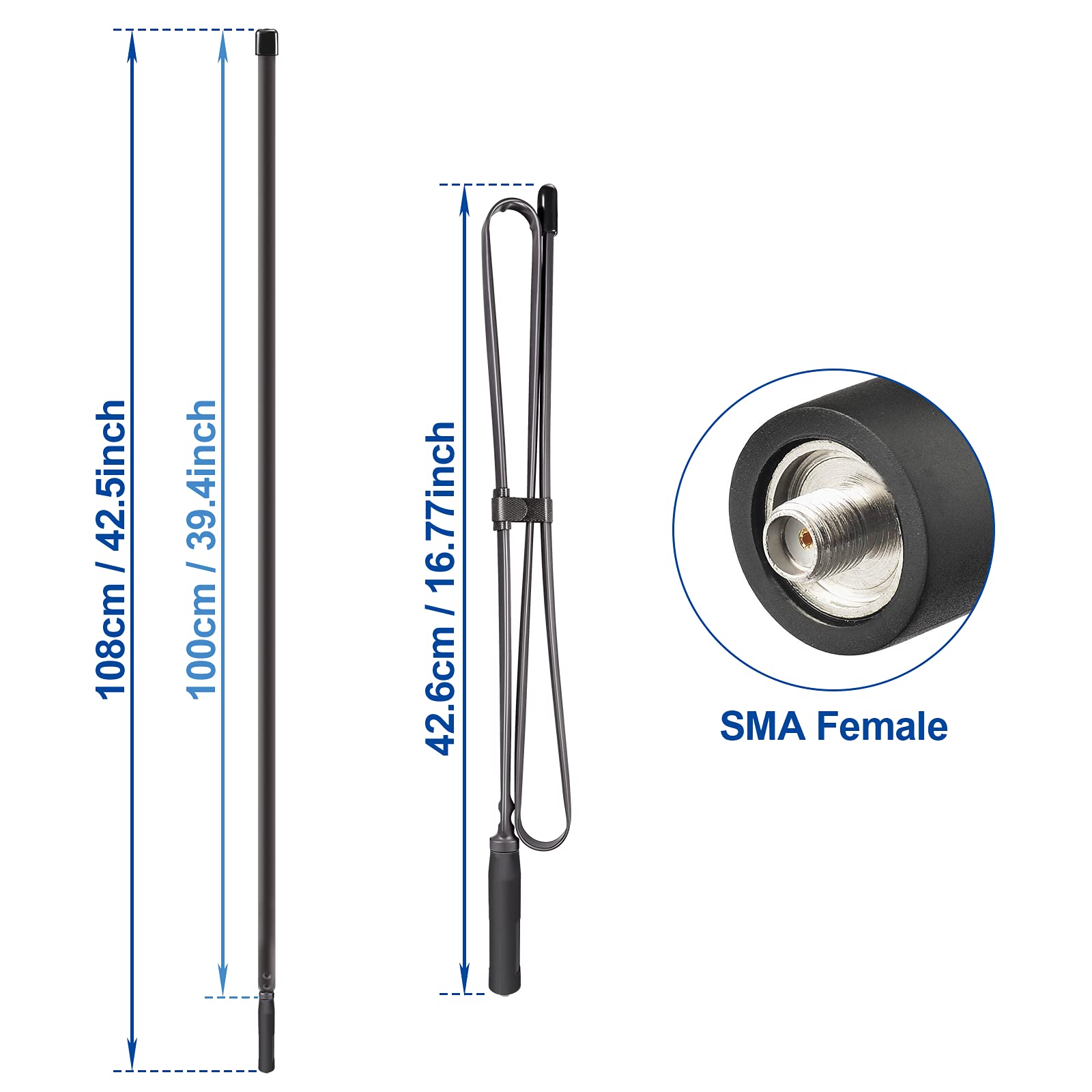 Specification diagram showing the full 42.5" (108cm) extended length and the portable folded size of the CS antenna