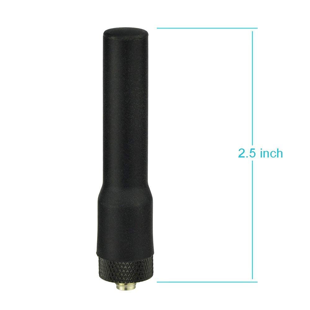 Specification diagram showing the ultra-compact height of the mini antenna and the 2-pack bundle components