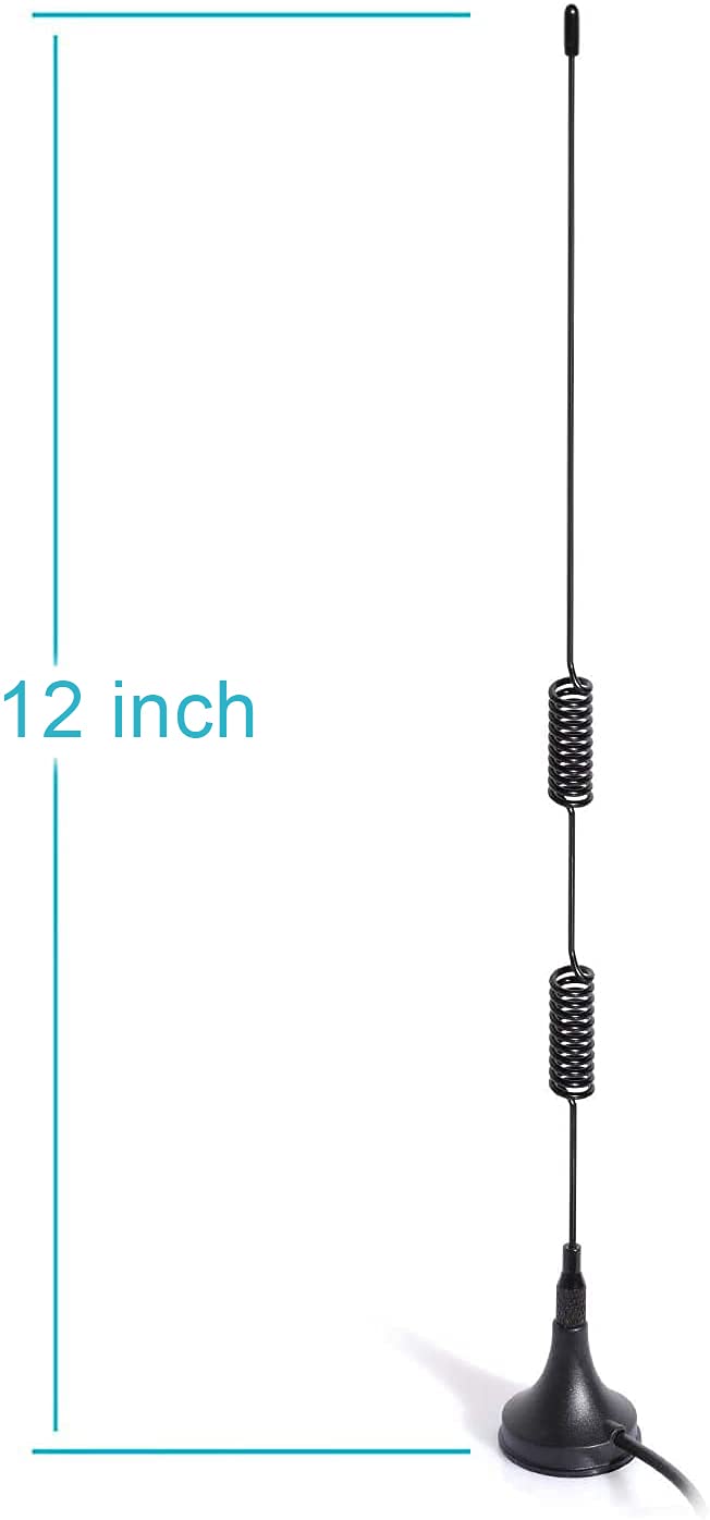 Technical diagram showing the antenna whip length, base diameter, and the 10-foot (3m) cable extension