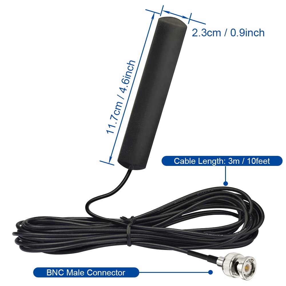 Technical specification diagram showing the compact dimensions of the patch antenna (e.g., 115mm length) and the 10ft (3m) cable length