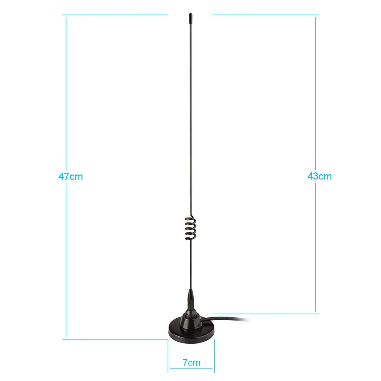 Technical specification diagram showing the whip antenna height, magnetic base diameter, and the 10ft (3m) cable length