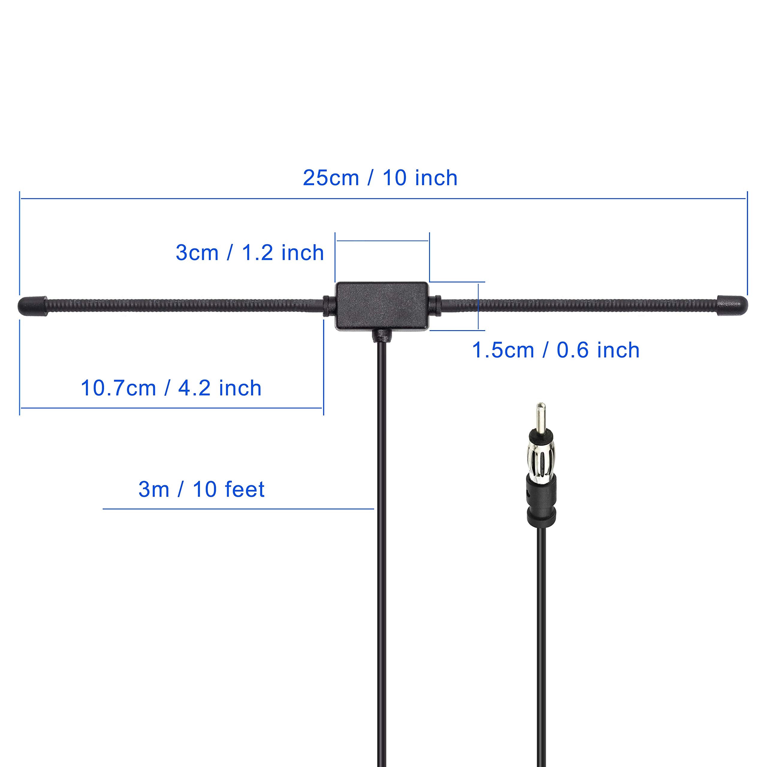 Technical specification layout showing the 3-meter (10 feet) cable length and compact antenna size